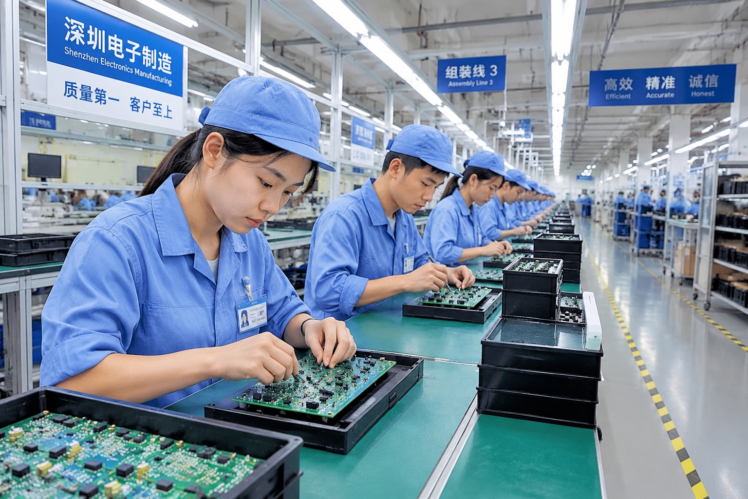 Assembly line workers on an electronics production floor in Shenzhen, China