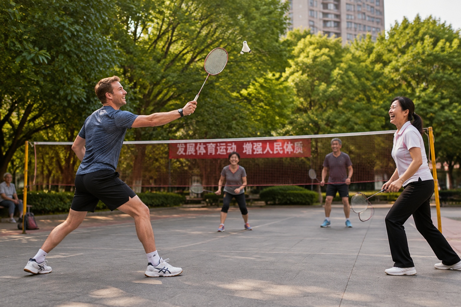 A foreign expat and Chinese friends playing badminton together in a park