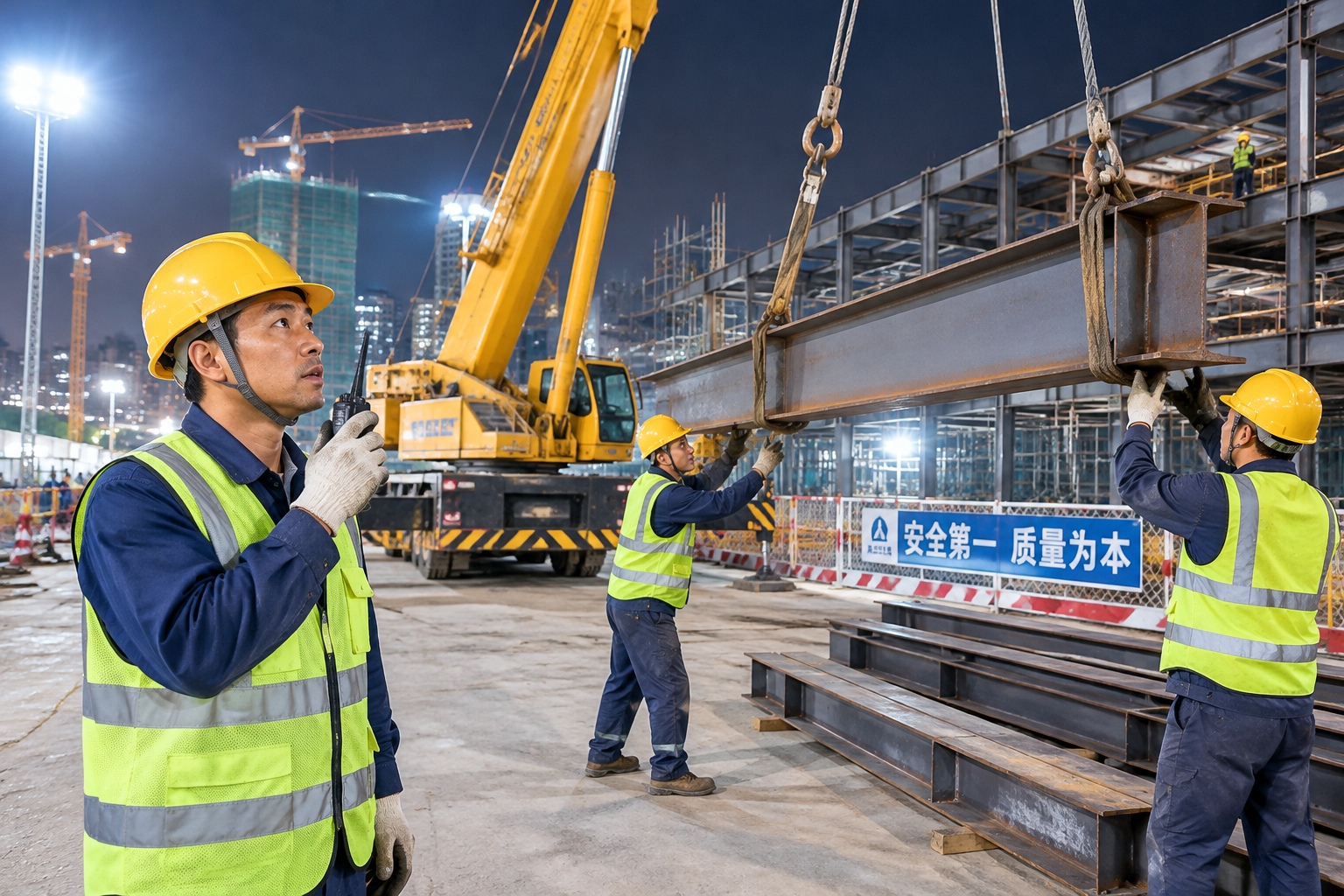Night view of rapid hospital construction in China with workers and heavy machinery illuminated by floodlights