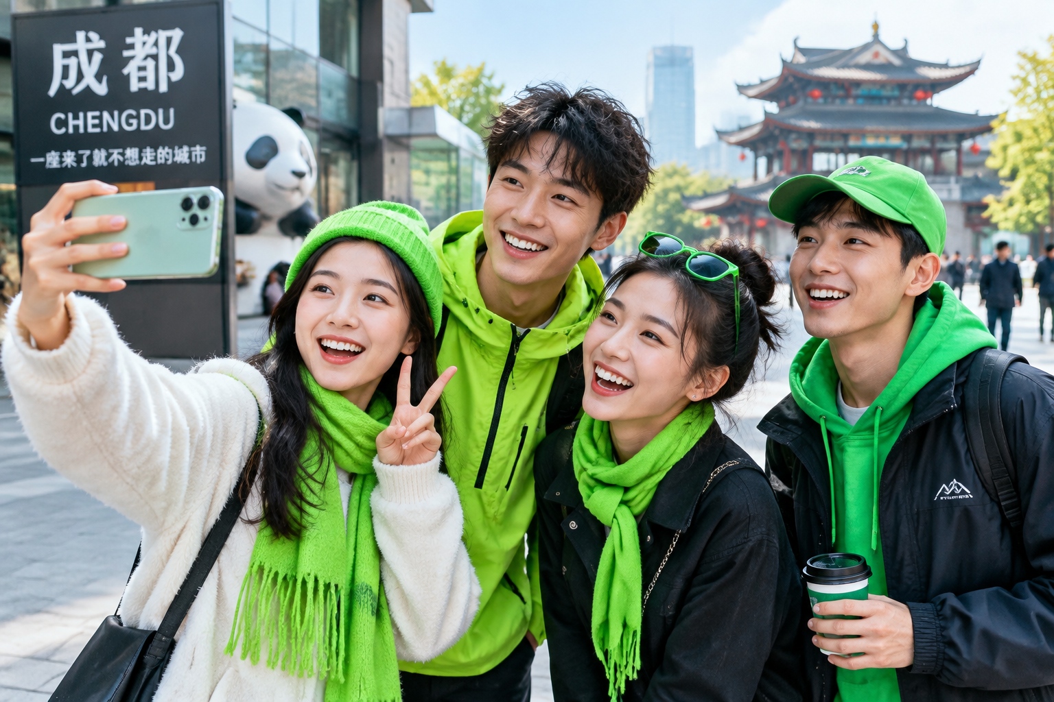 Young Chinese fashion enthusiasts wearing neon green jackets and accessories in a bustling city street