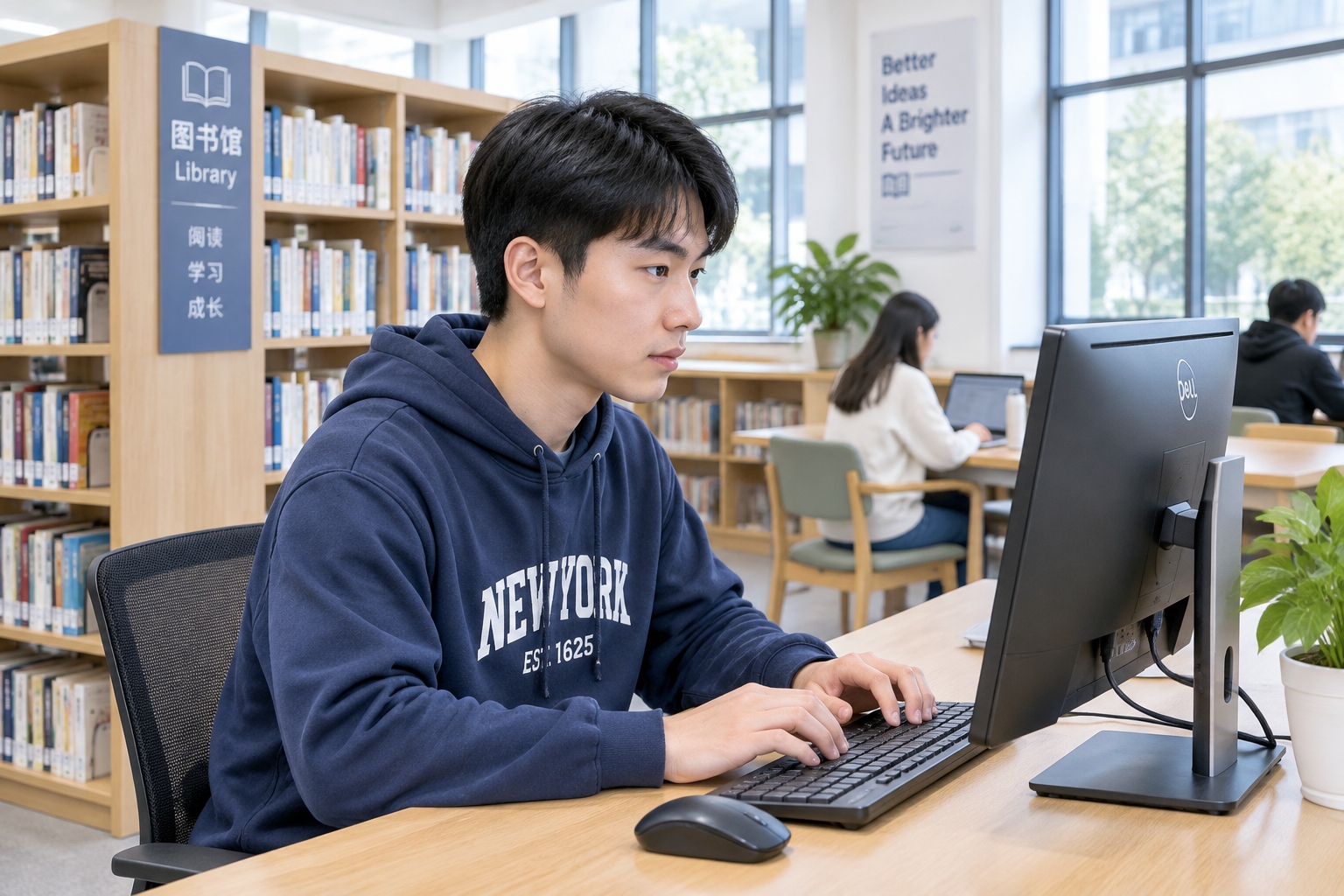 A self-taught developer studying code on a computer in a Shenzhen public library