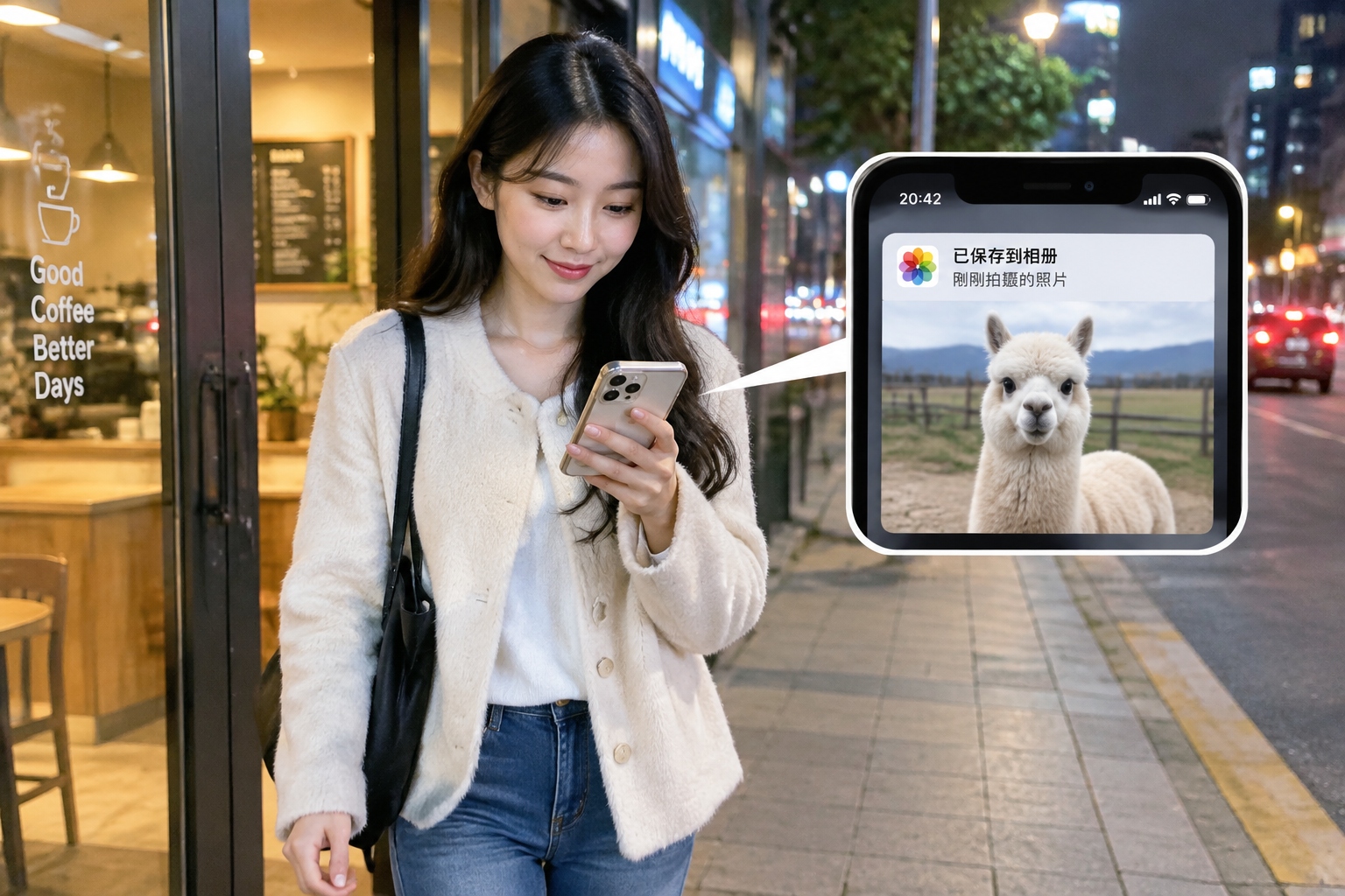 Young Chinese professional scrolling through photos of an exotic pet cafe experience while leaving on a city street at night
