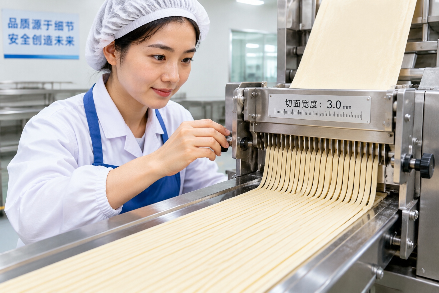 High-speed noodle production line cutting dough into precise millimeter specifications for mass distribution