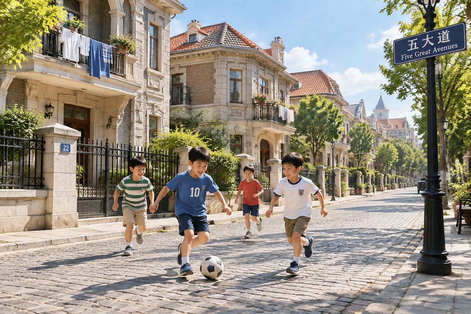 Children playing soccer on a cobblestone street lined with historic European-style houses in Tianjin's Five Great Avenues district