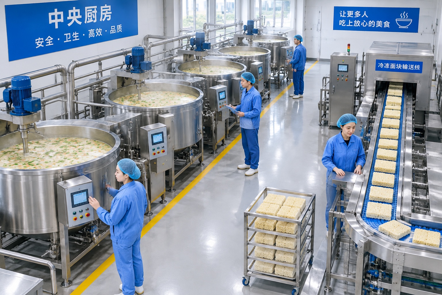 Industrial scale central kitchen producing standardized Lanzhou beef noodle broth and frozen dough for chain restaurants