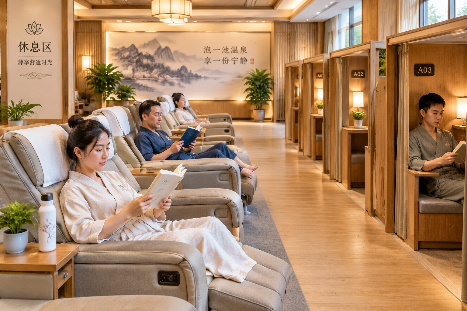 The quiet relaxation area of a Chinese bathhouse where patrons rest after bathing.