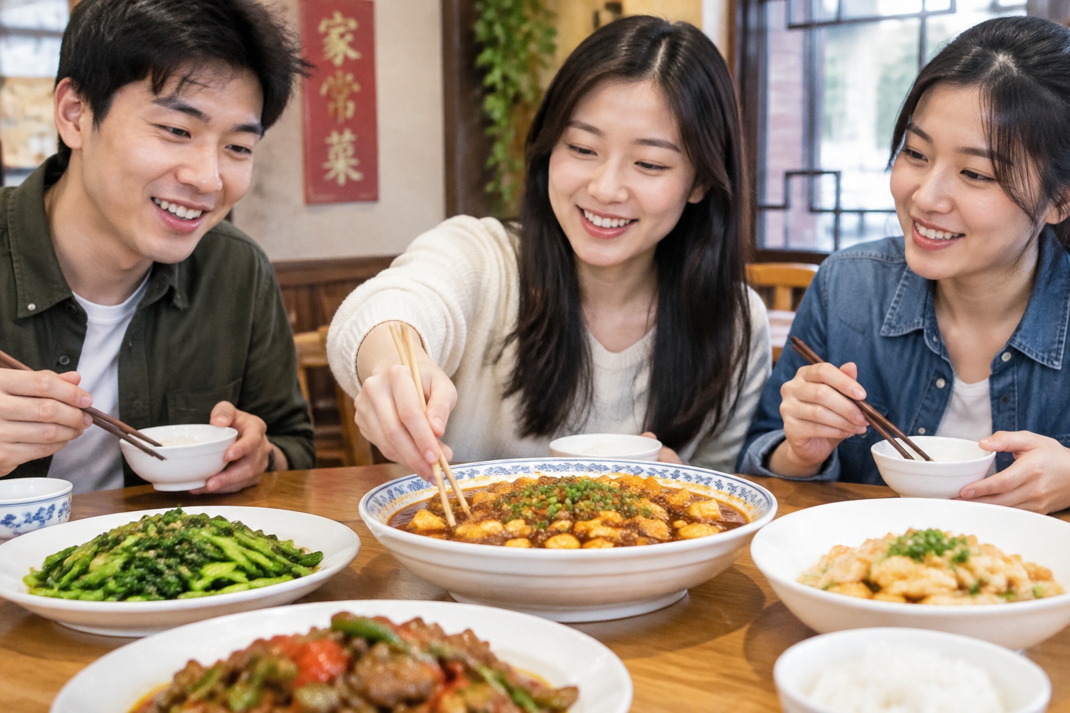 Close up of shared dishes on a Chinese restaurant table representing communal dining culture