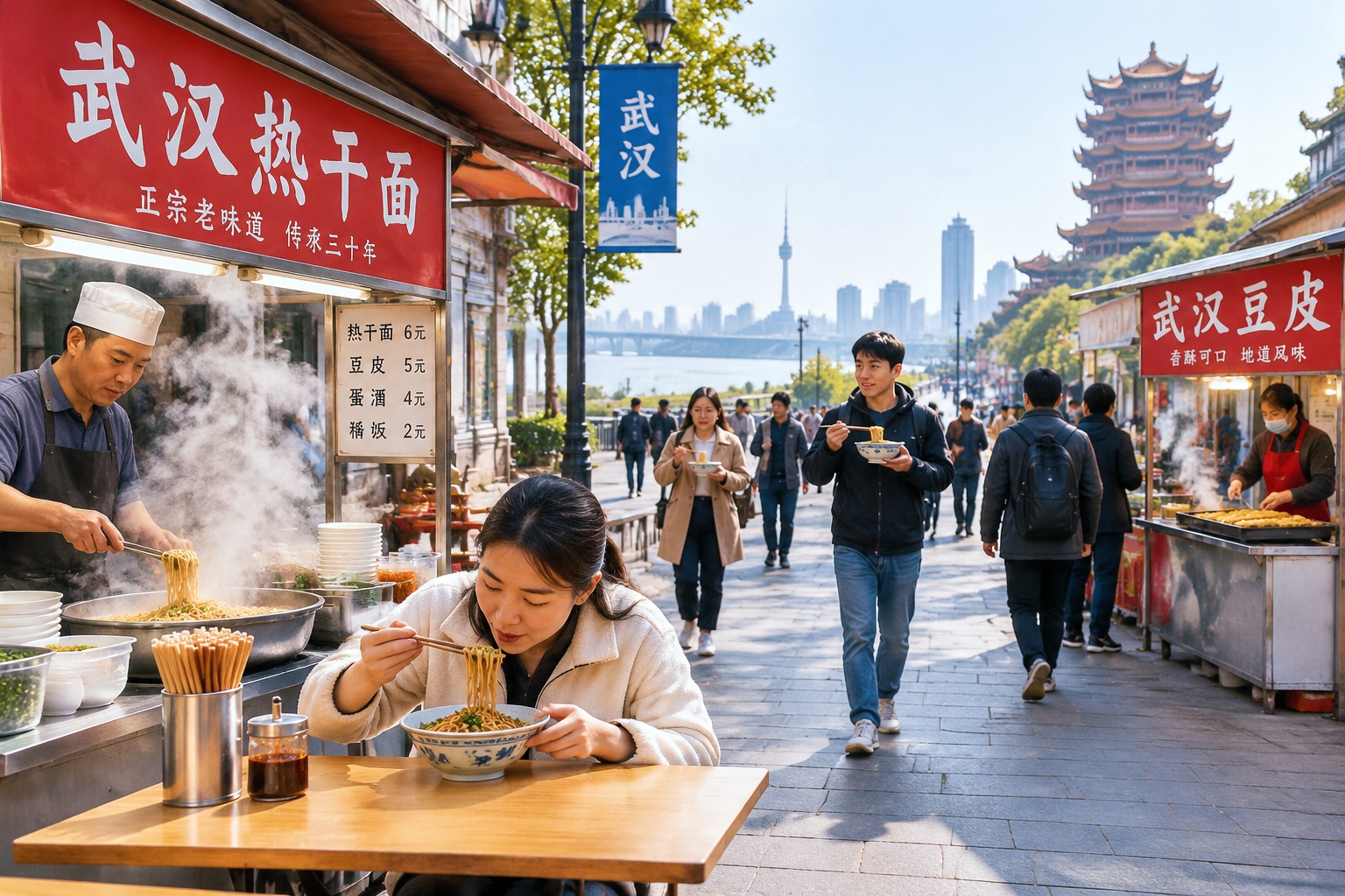 A wide view of a busy Wuhan street in the early morning with people enjoying hot dry noodles at various stalls.