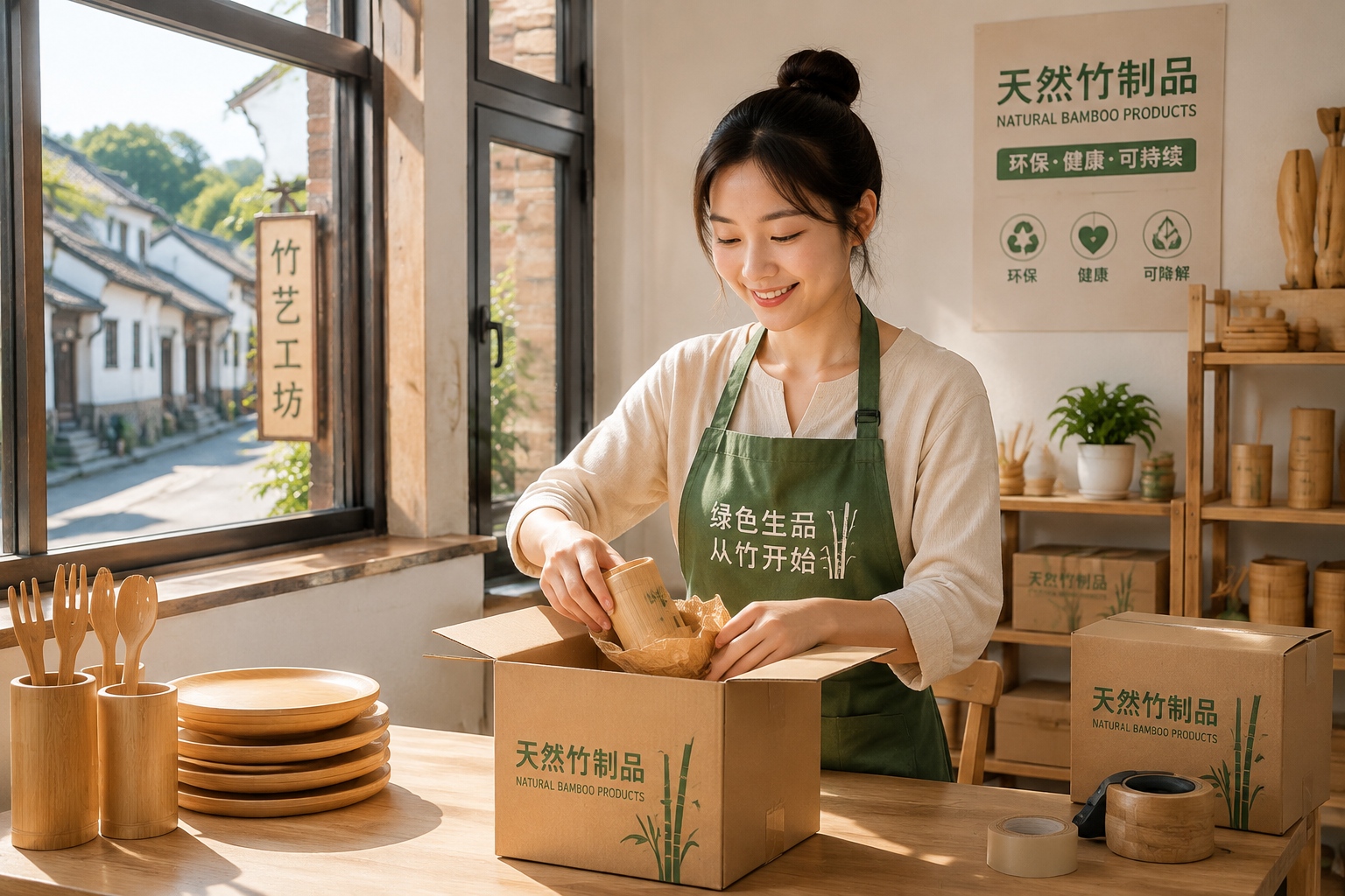 Young entrepreneur packaging handmade bamboo goods in a rural Chinese workshop