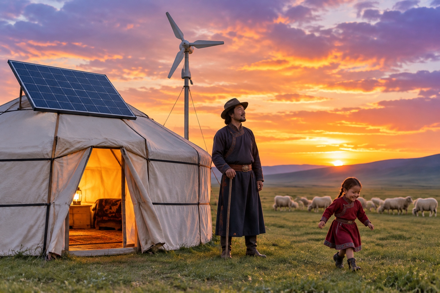 Herding tent powered by solar panel and wind turbine at dusk on the Tibetan Plateau