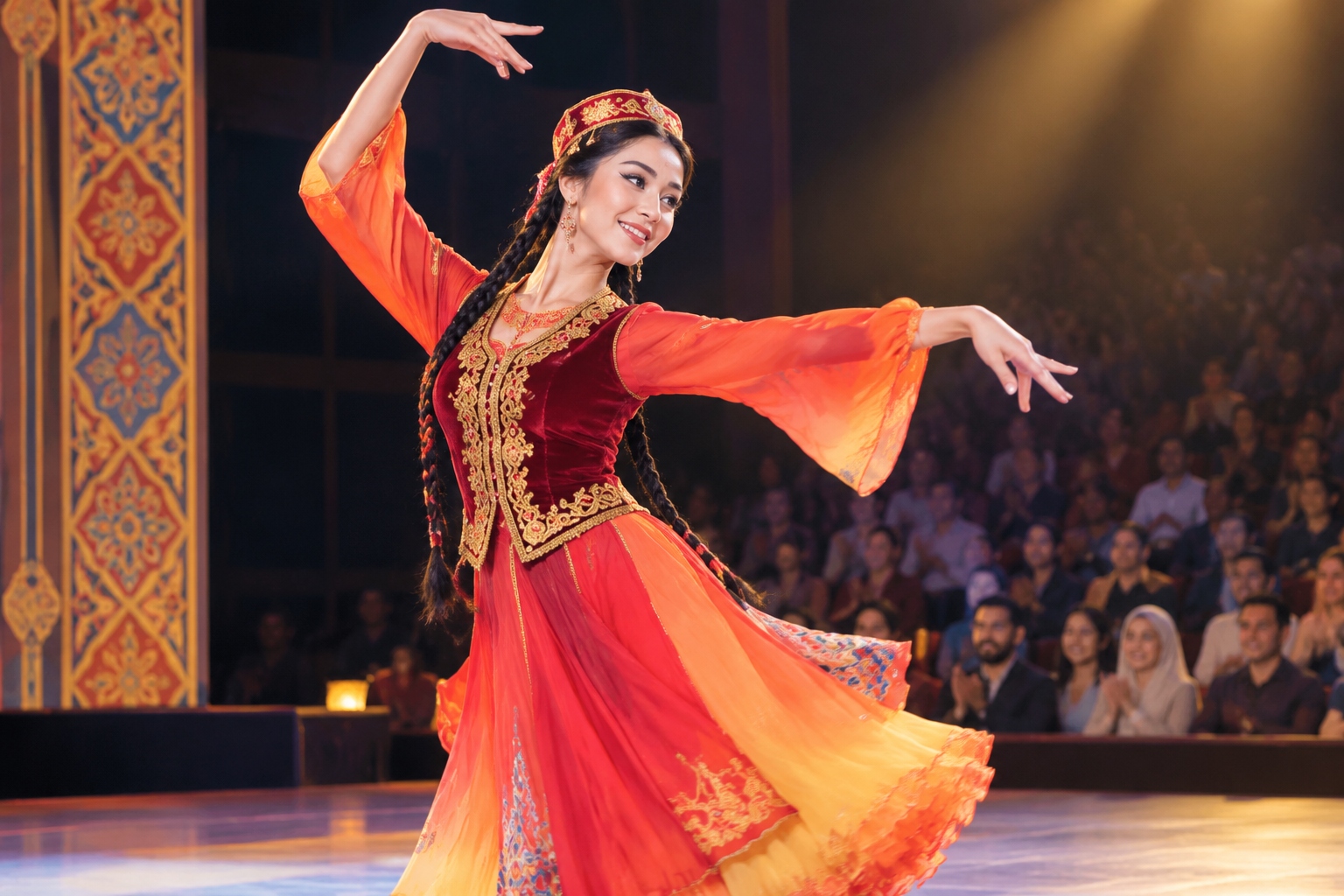 Uyghur dancer performing on a national stage in Beijing for a multicultural audience