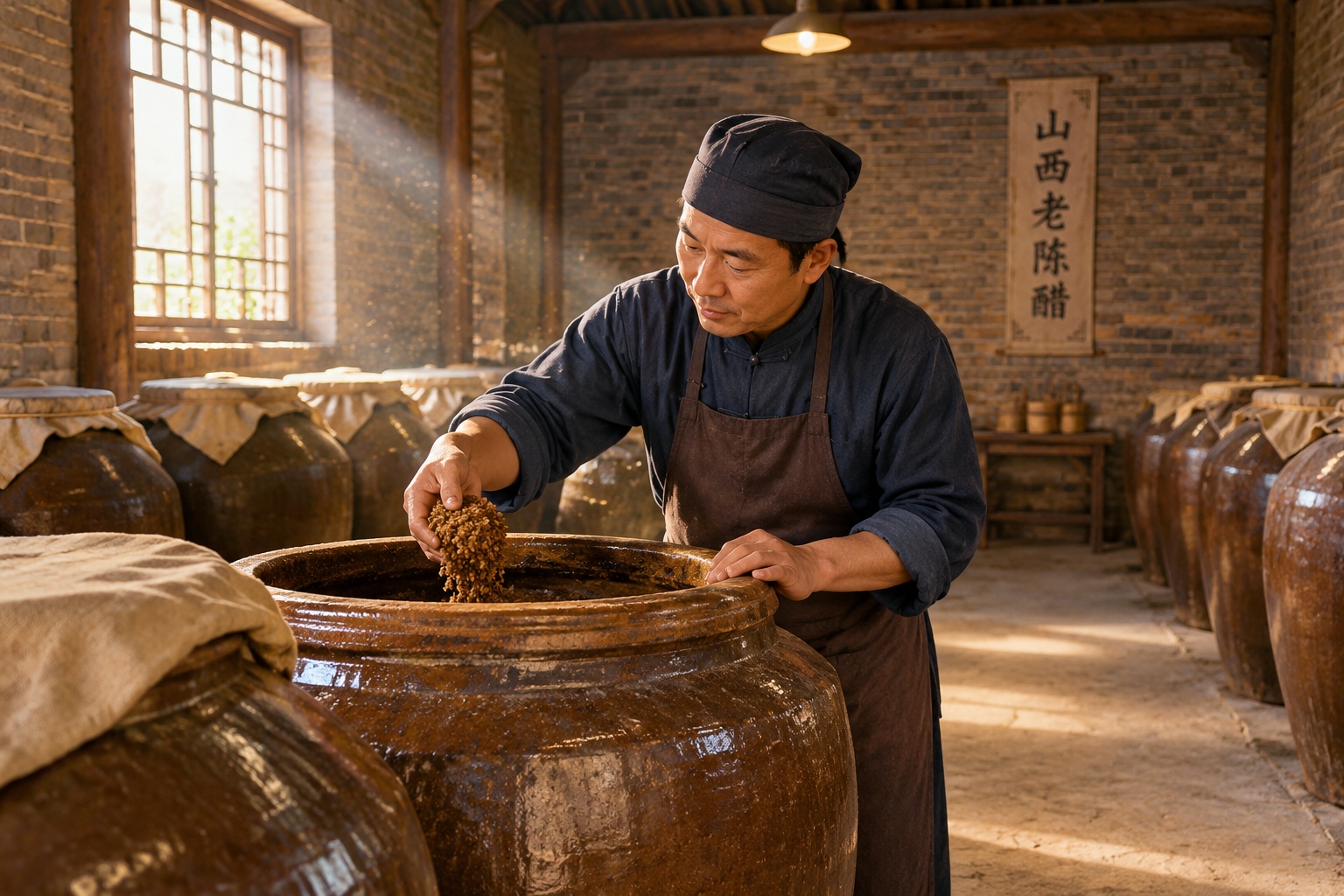 Traditional earthenware fermentation jars used for making aged grain vinegar in a Shanxi workshop