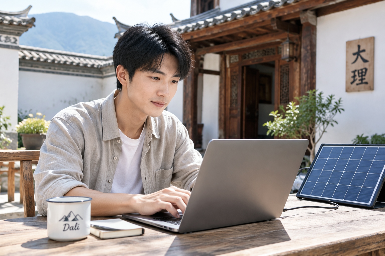 A young man working remotely on a laptop connected to a solar panel in a traditional Chinese courtyard in Dali