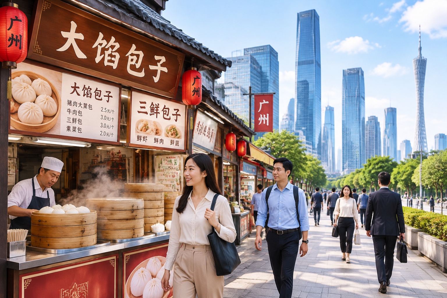 Contrast between traditional street food vendors and modern skyscrapers in a Chinese city