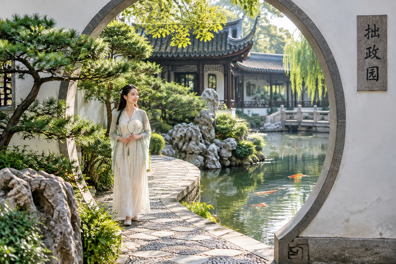 Inside the Humble Administrator's Garden showing traditional landscaping, stone paths, and water features