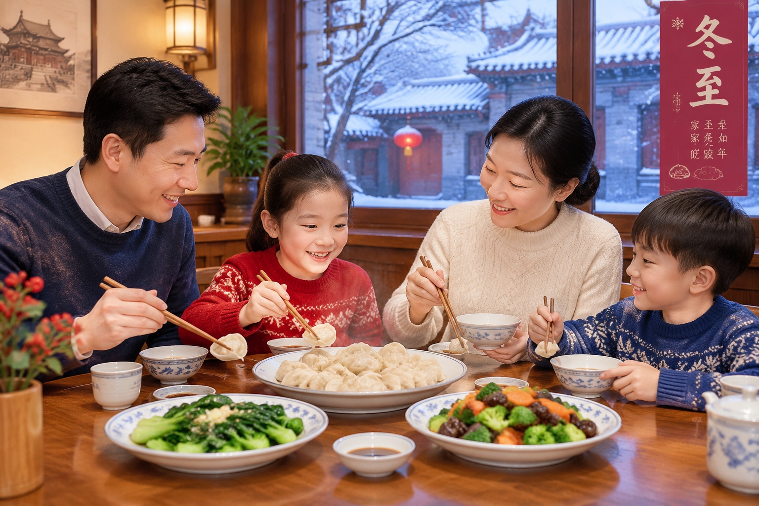 Chinese urban family enjoying winter solstice dumplings in a Beijing restaurant