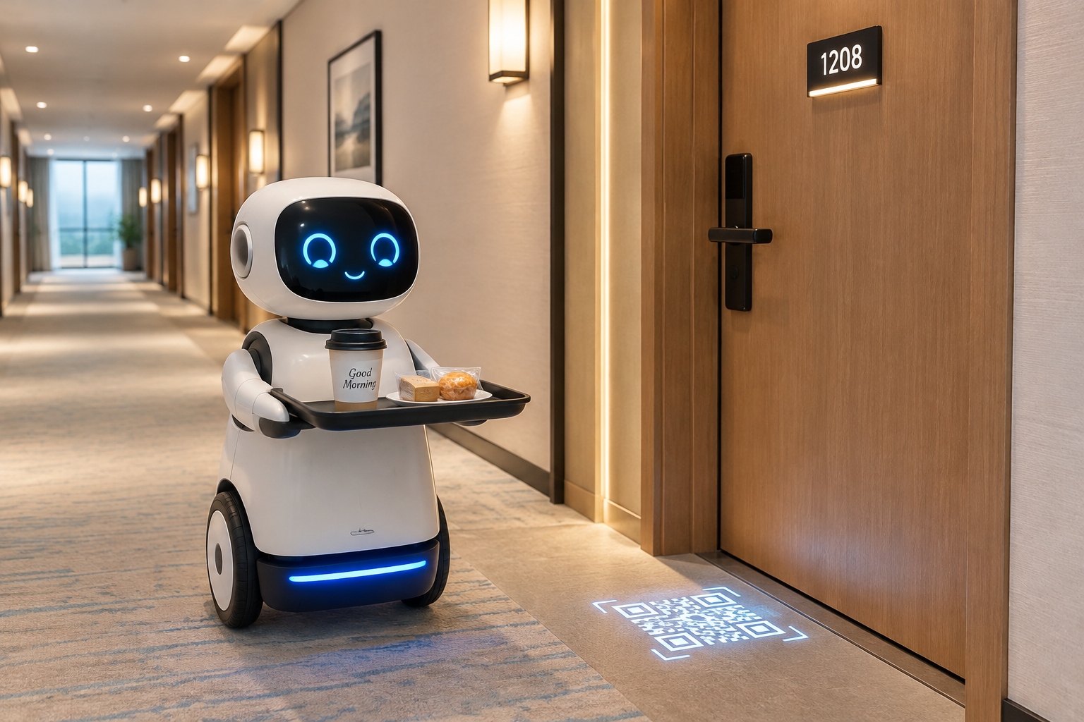 A delivery robot navigating a modern hotel hallway to bring breakfast to a guest, showcasing automation in Chinese hospitality