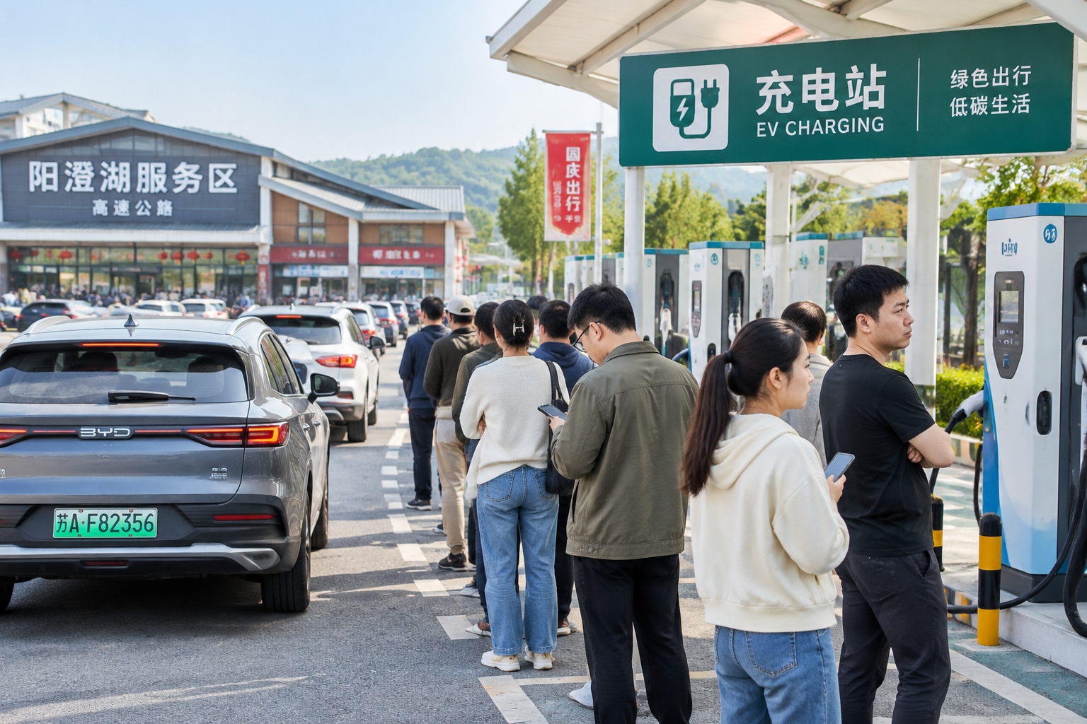 A busy queue of electric vehicle drivers waiting for charging spots at a Chinese service station during a national holiday
