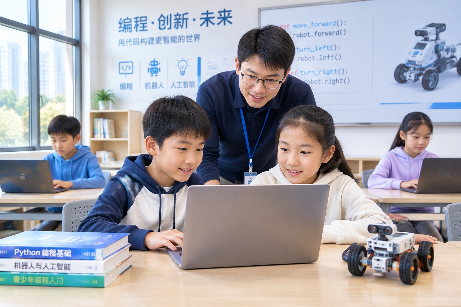 Students learning programming and robotics in a modern Chinese technical college
