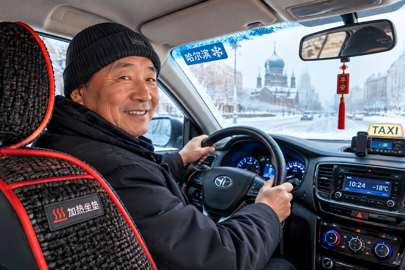 A local taxi driver sharing his experience about navigating the icy streets of Harbin during winter