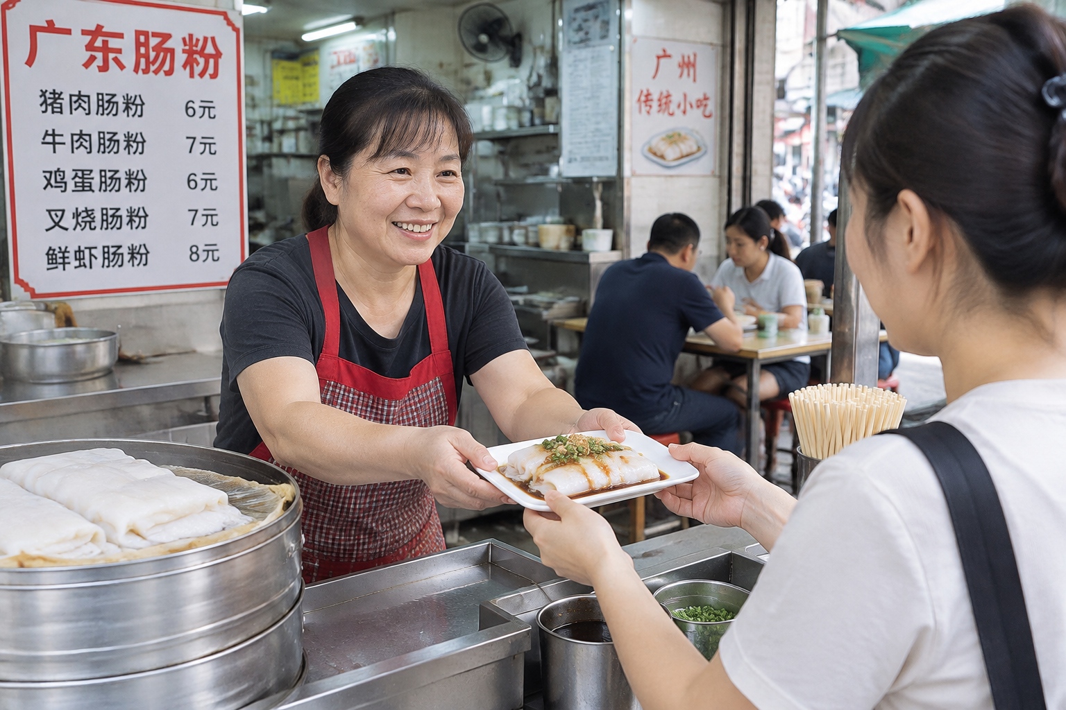 A vendor serving rice noodles to a customer in a bustling local breakfast spot in Guangzhou, highlighting local interactions.