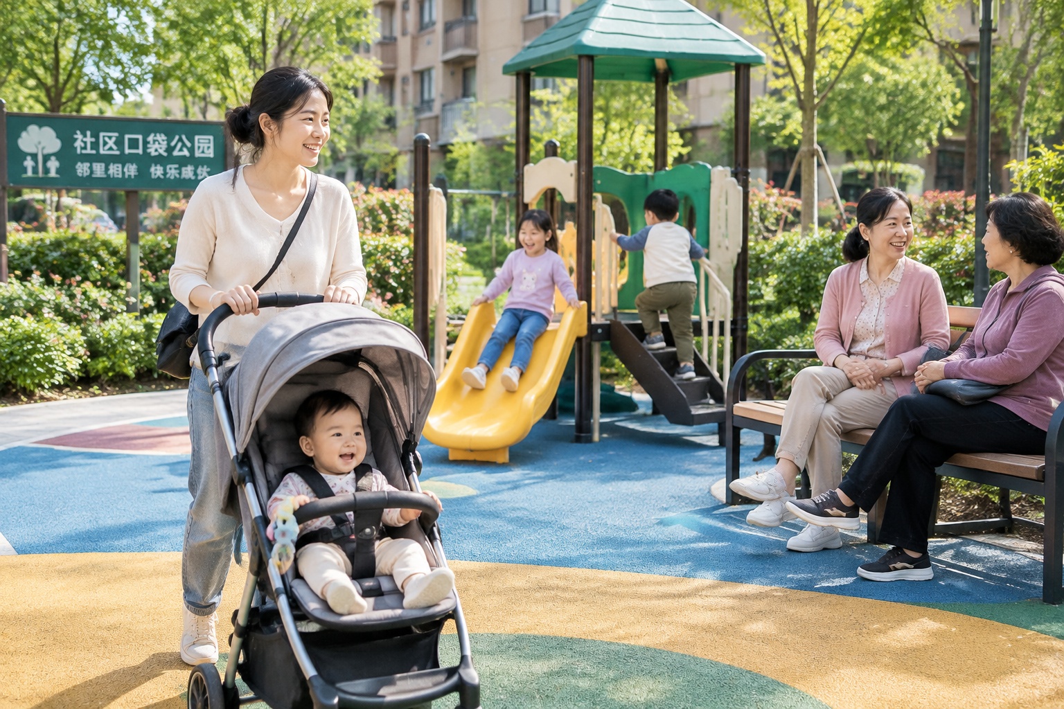 Families enjoying leisure time at a playground in a neighborhood pocket park in Hangzhou, China