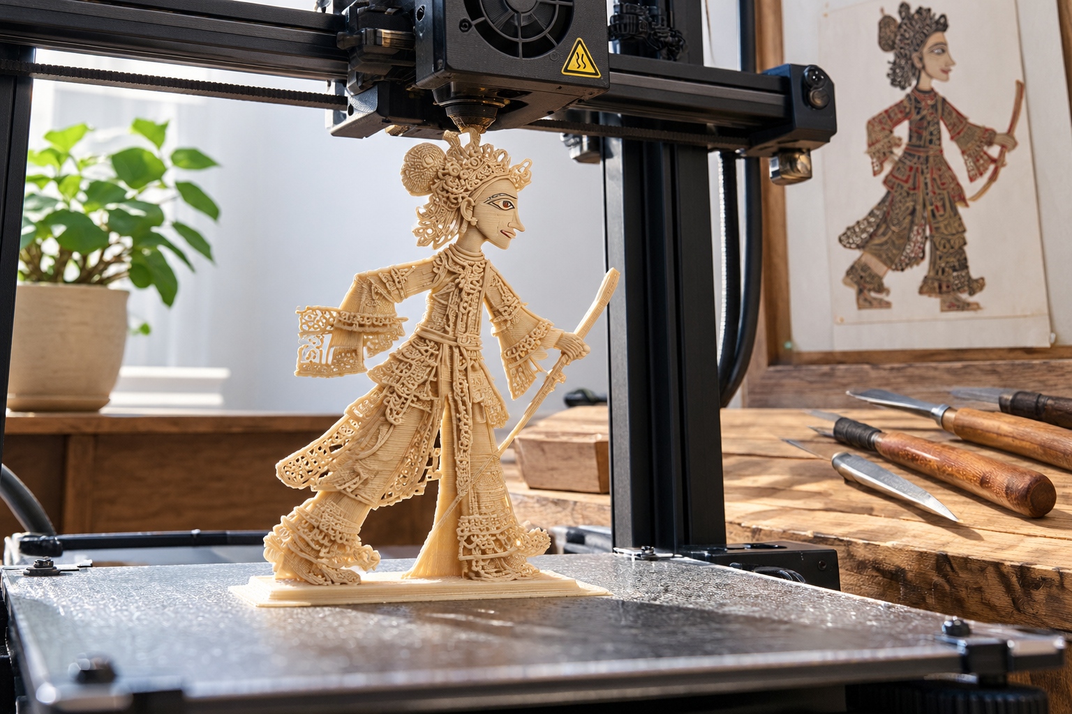 Dancing Shadows: How a Young Beijing Artisan is Bringing Ancient Chinese Shadow Puppetry into the Digital Age 24 A 3D printer creates a prototype for a Chinese shadow puppet, highlighting the fusion of modern manufacturing with ancient artistic techniques.