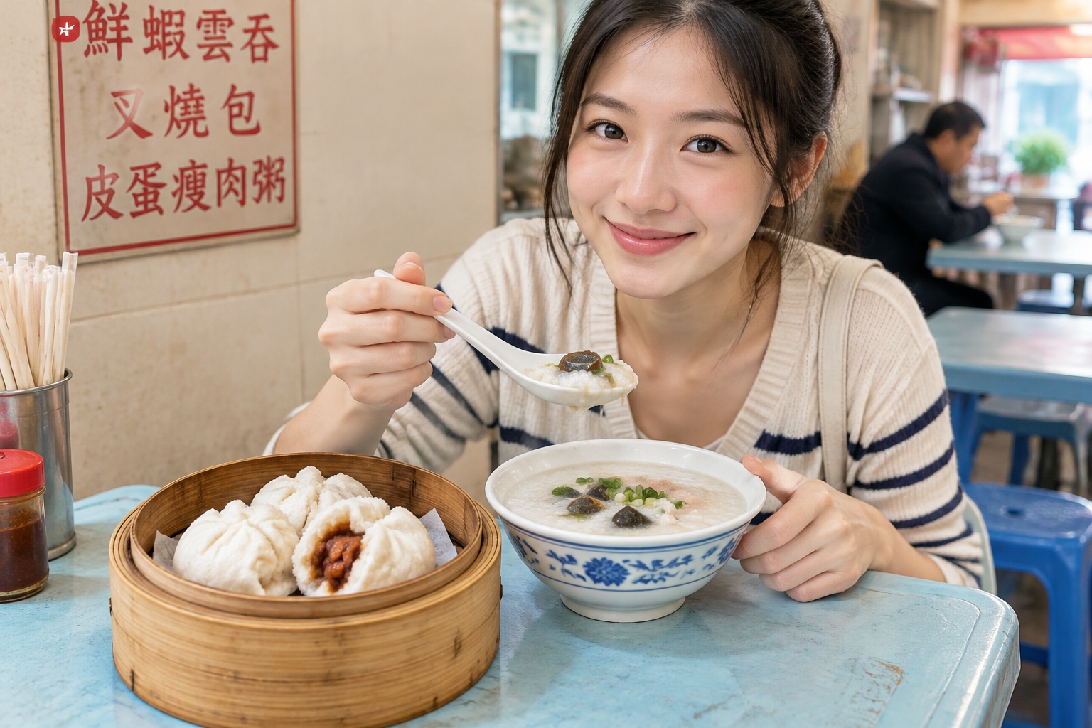 Traditional Guangzhou breakfast items including steamed char siu bao and congee served in a local neighborhood eatery.