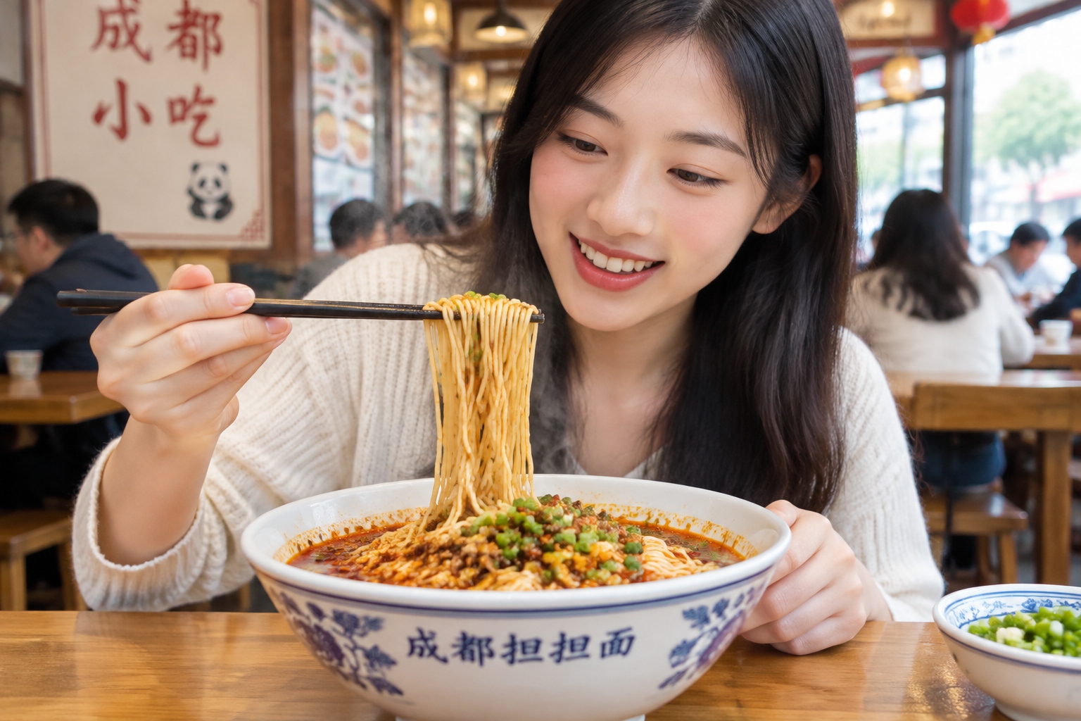 Steaming bowl of spicy Sichuan noodles topped with red chili oil and fresh herbs in a bustling local restaurant