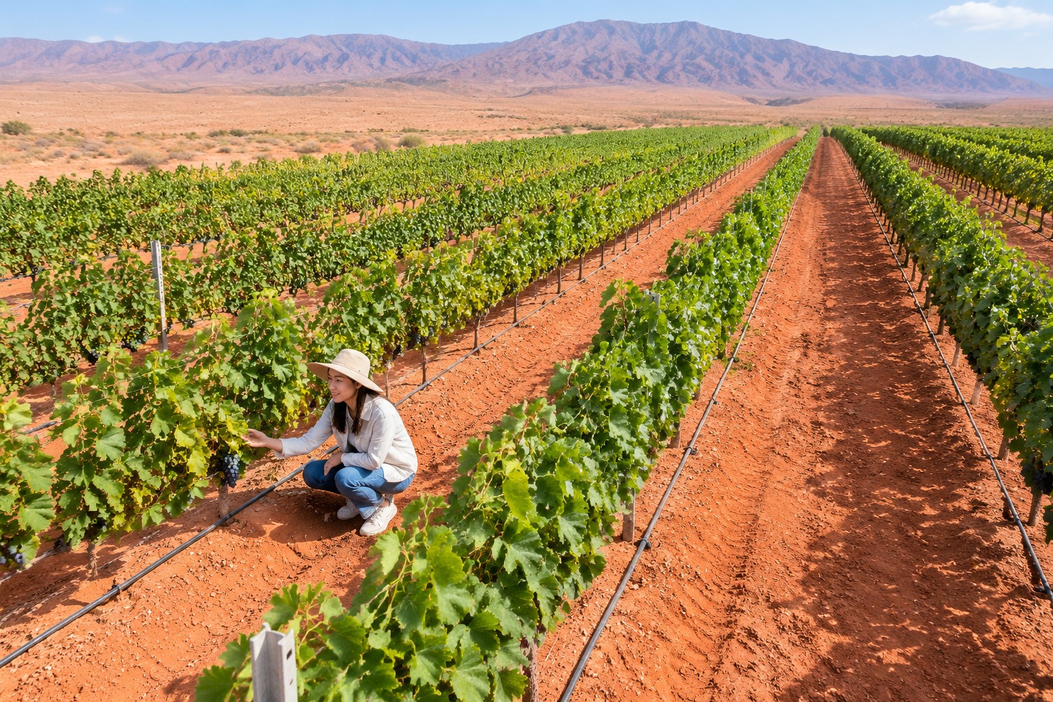 Aerial view of grapevines planted in the red sandy soil of Ningxia, China, showing the contrast between the desert environment and the agricultural land.