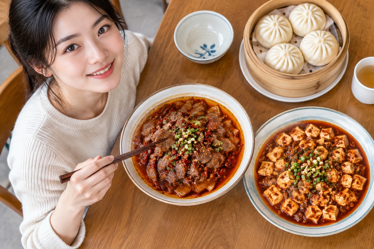 A table setting with classic Sichuan dishes including spicy beef slices, mapo tofu, and steamed buns in simple ceramic bowls.