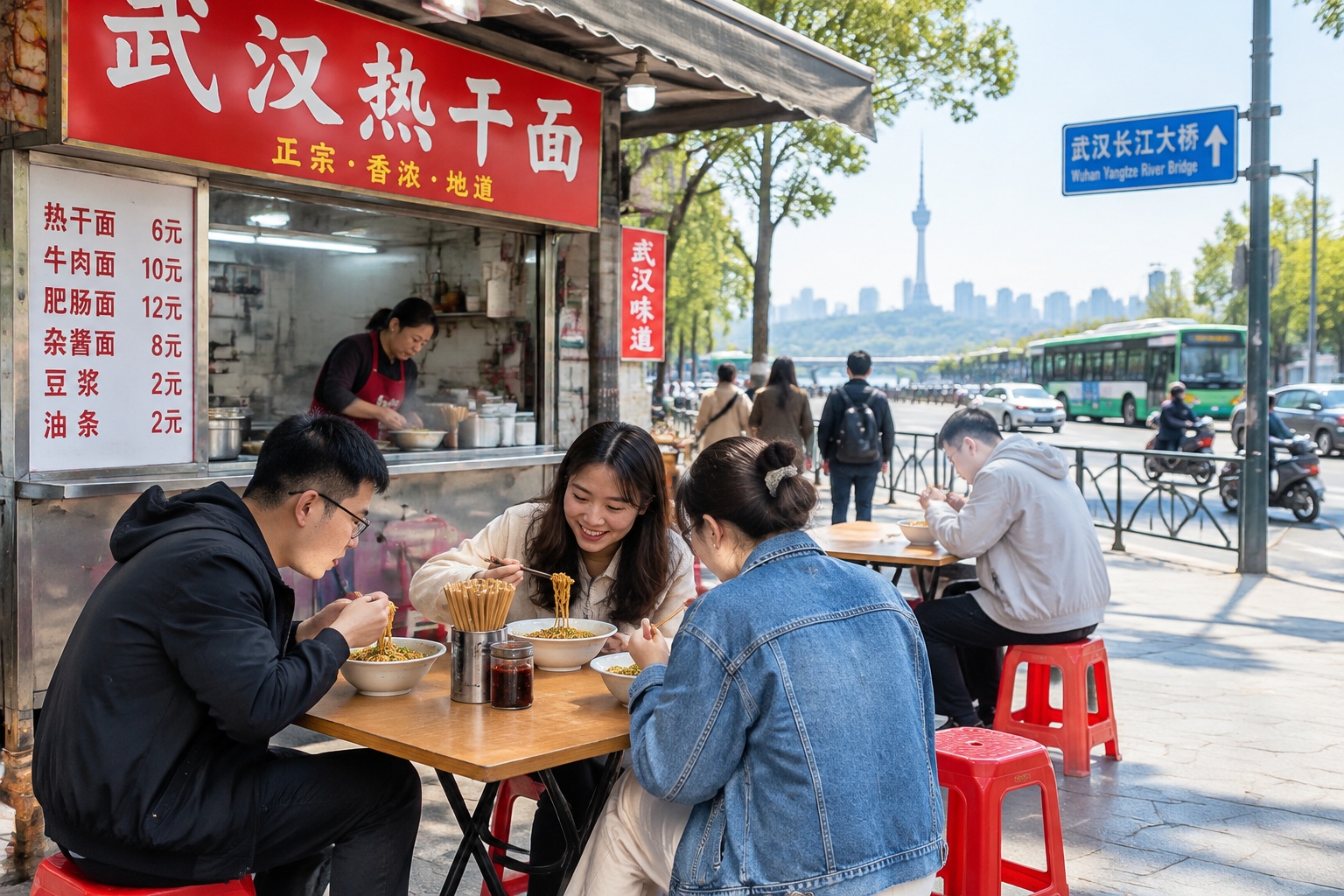 A group of locals enjoying hot dry noodles at a street stall in Wuhan during the morning rush hour.