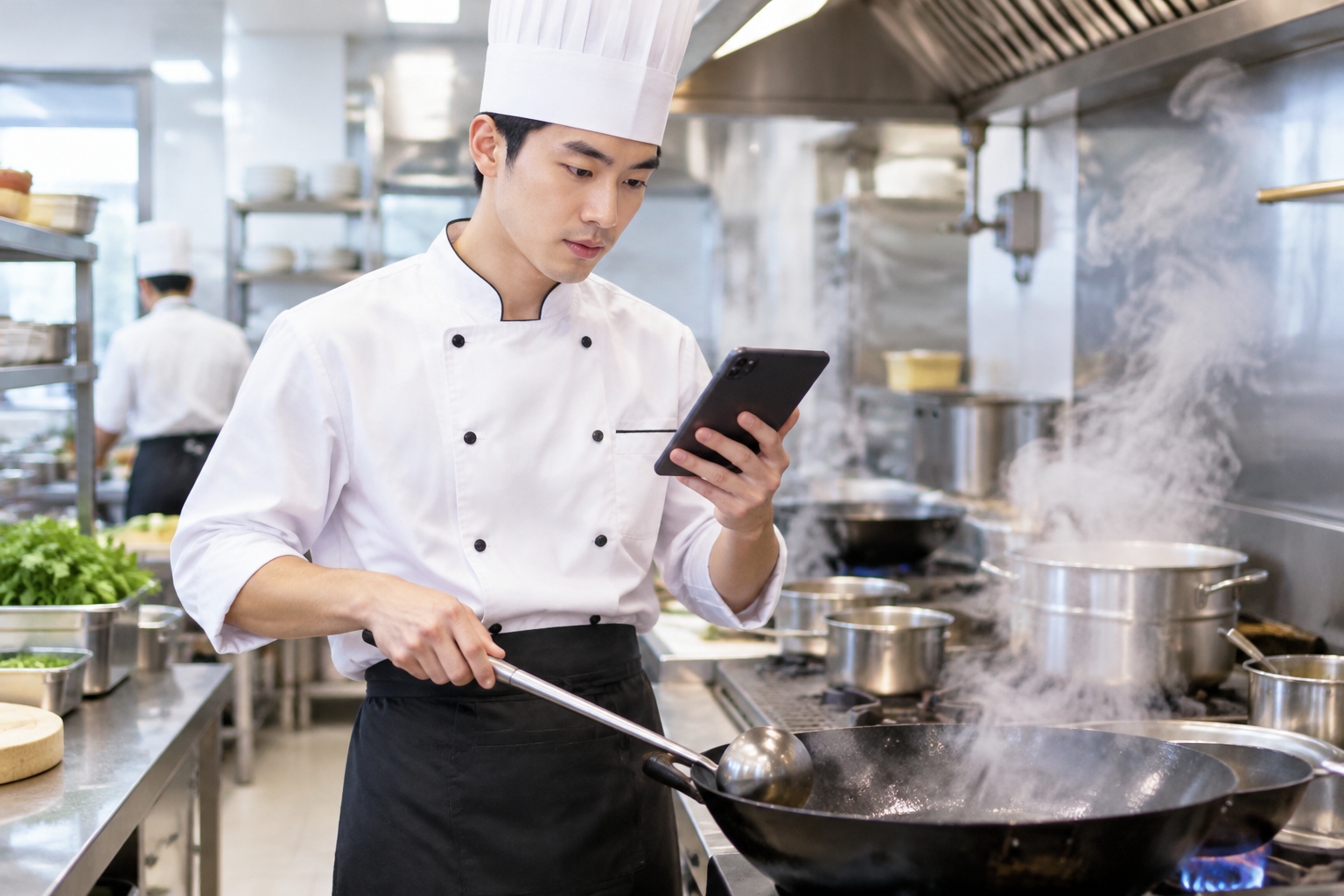 A young post-90s chef checking digital orders on a tablet in a bustling Fuzhou kitchen, blending technology with traditional cooking.