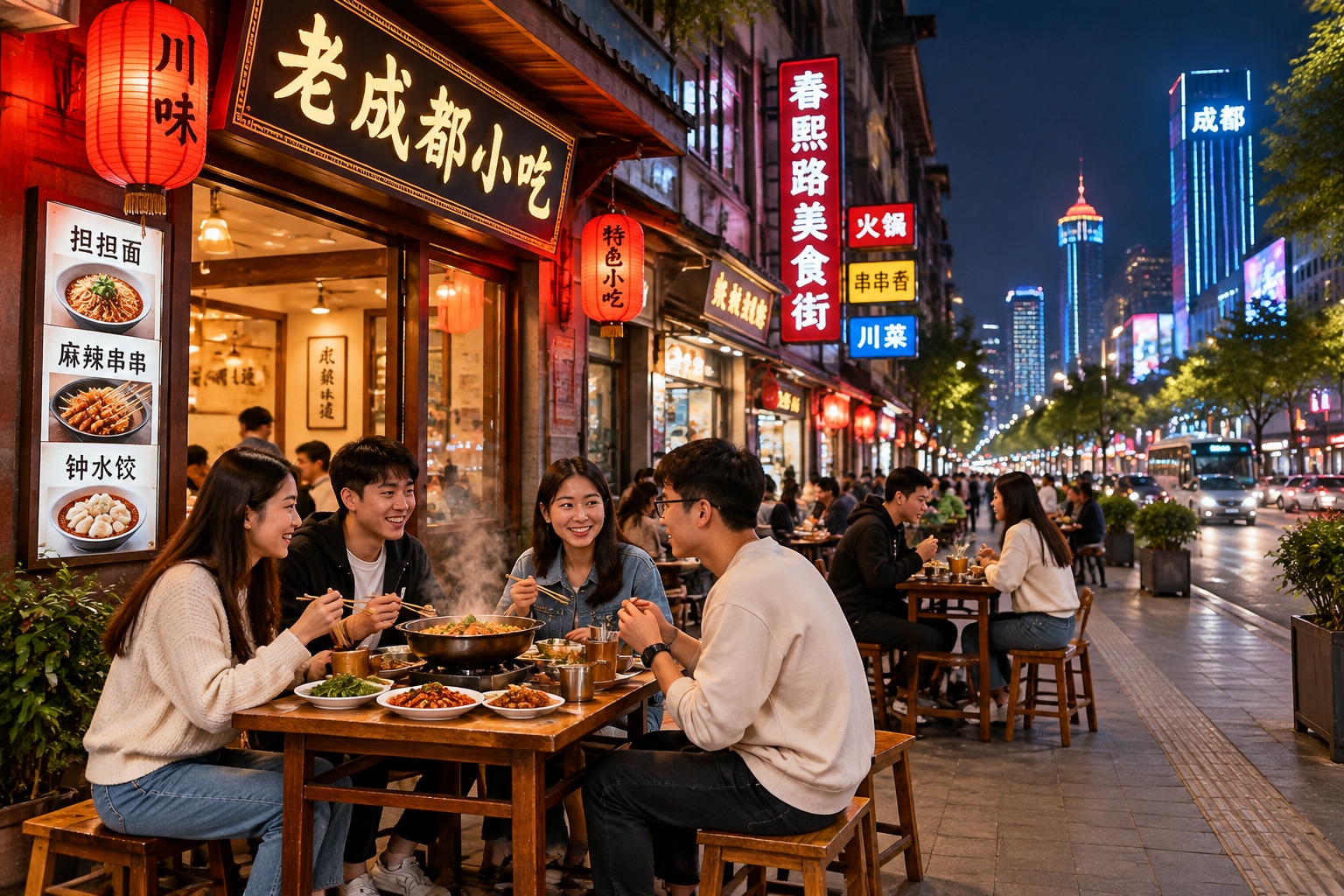 Night view of a bustling street in Northeast China where locals enjoy street food, highlighting modern urban life