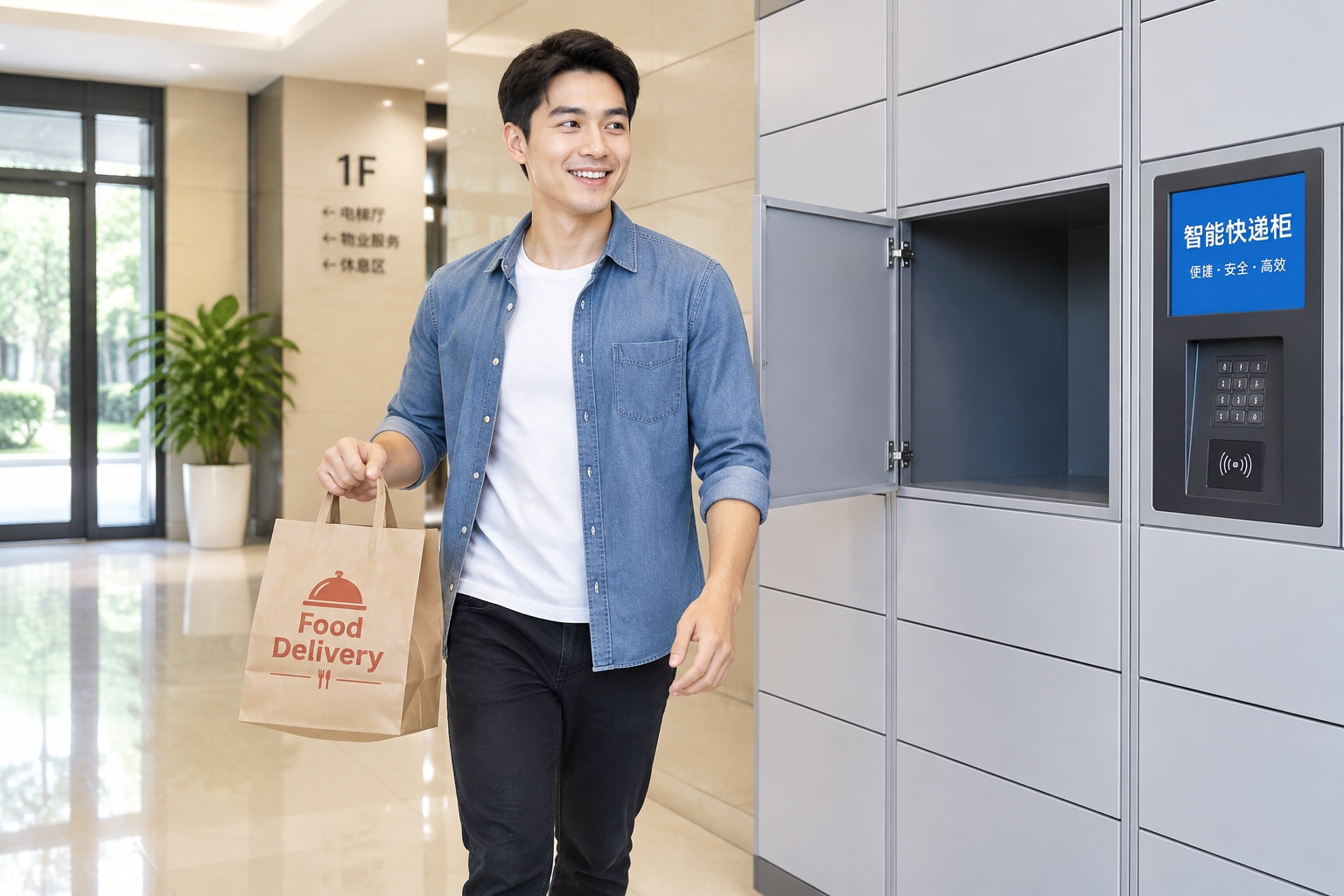 Tourist retrieving a food delivery bag from an open smart locker
