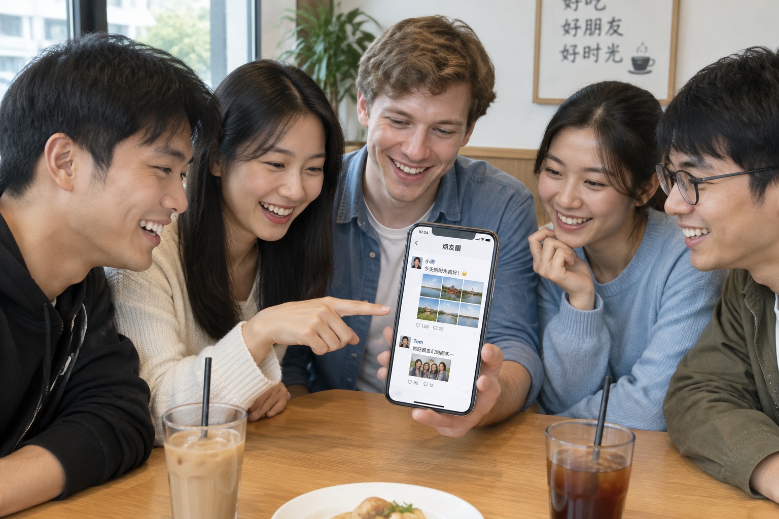 Chinese and foreign friends laughing while browsing WeChat Moments on a smartphone