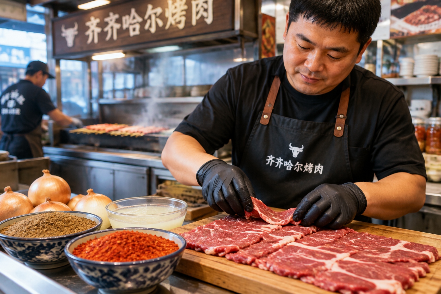 Ingredients for authentic Qiqihar BBQ including fresh beef, cumin, and spices laid out on a wooden table.