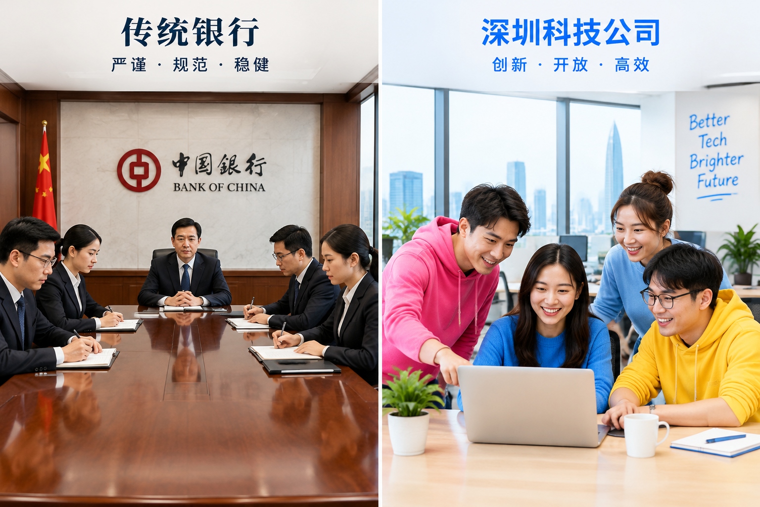 Comparison of traditional formal workplace attire versus colorful casual dress code in a modern Chinese tech office.