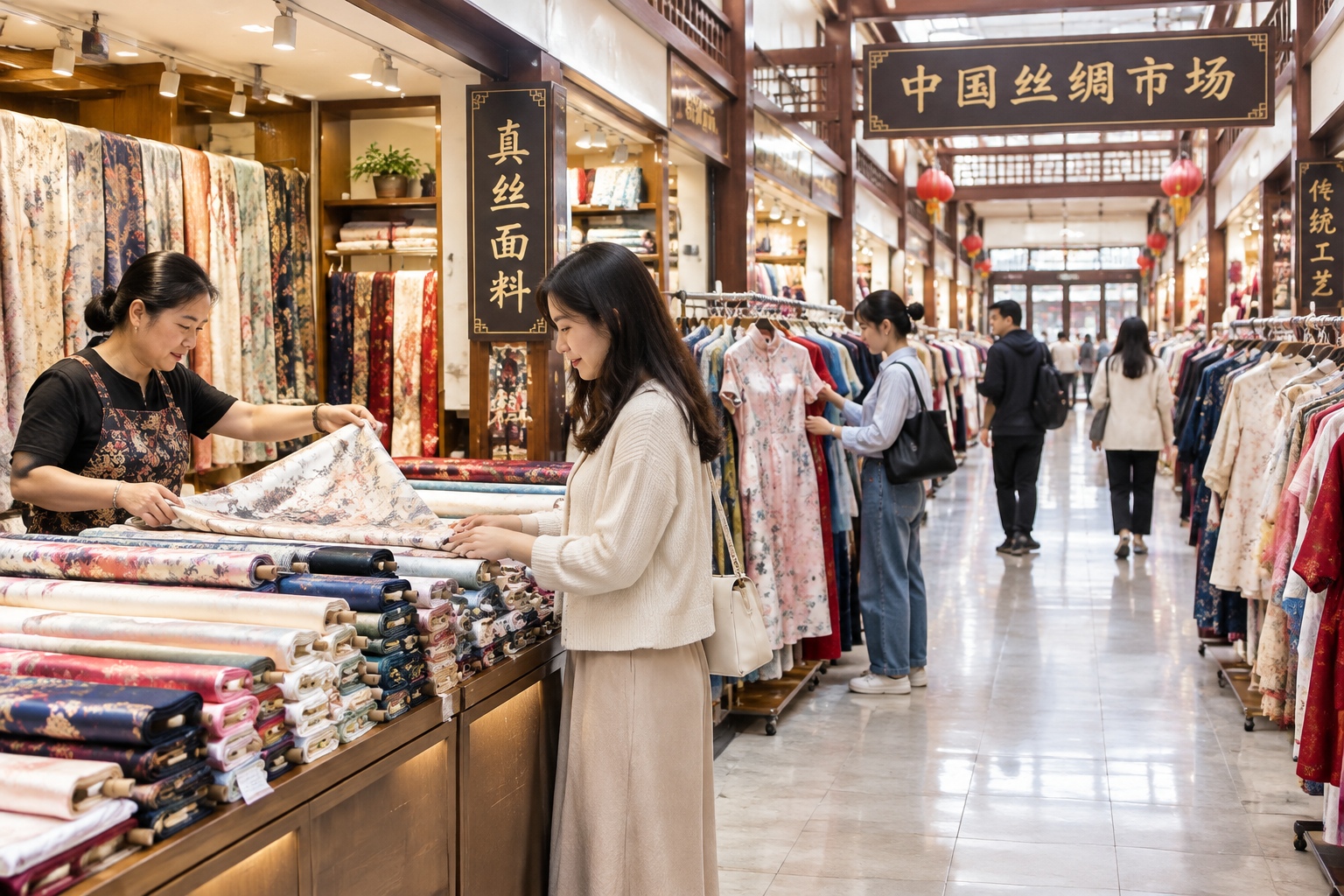 Interior view of a busy Chinese textile market with stalls displaying colorful fabrics and jackets