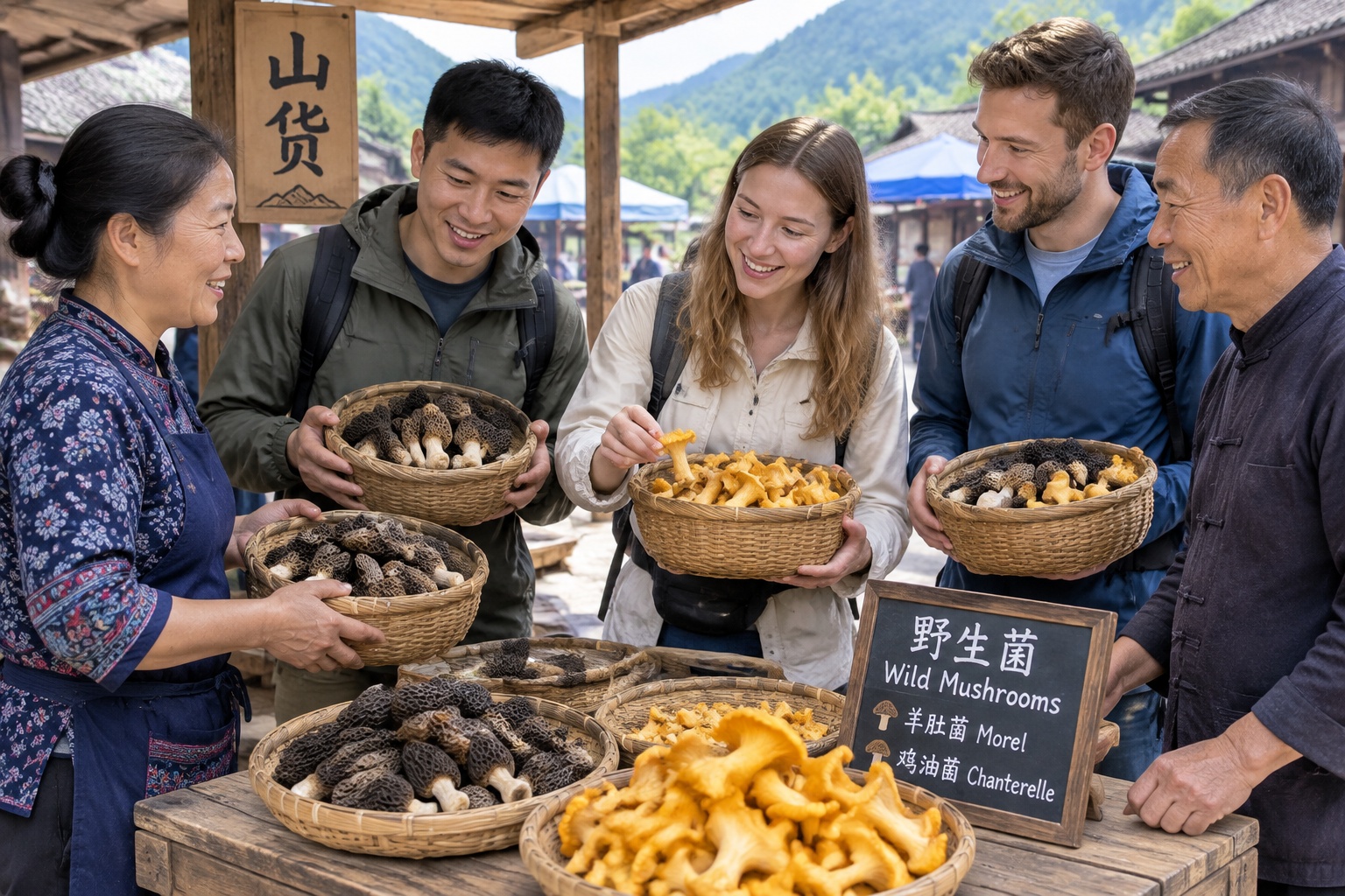 Villagers selling fresh wild mushrooms at an outdoor market in Yunnan during harvest season