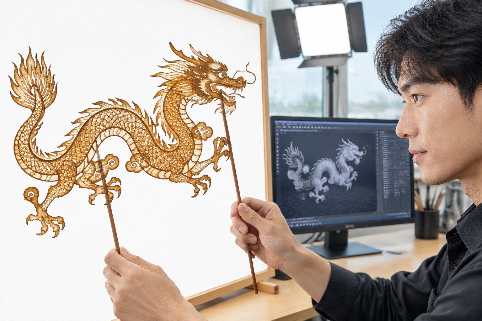 Dancing Shadows: How a Young Beijing Artisan is Bringing Ancient Chinese Shadow Puppetry into the Digital Age 22 A detailed leather shadow puppet depicting a dragon is held up to a projection screen in a modern Beijing art studio, demonstrating the blend of traditional craft and digital technology.