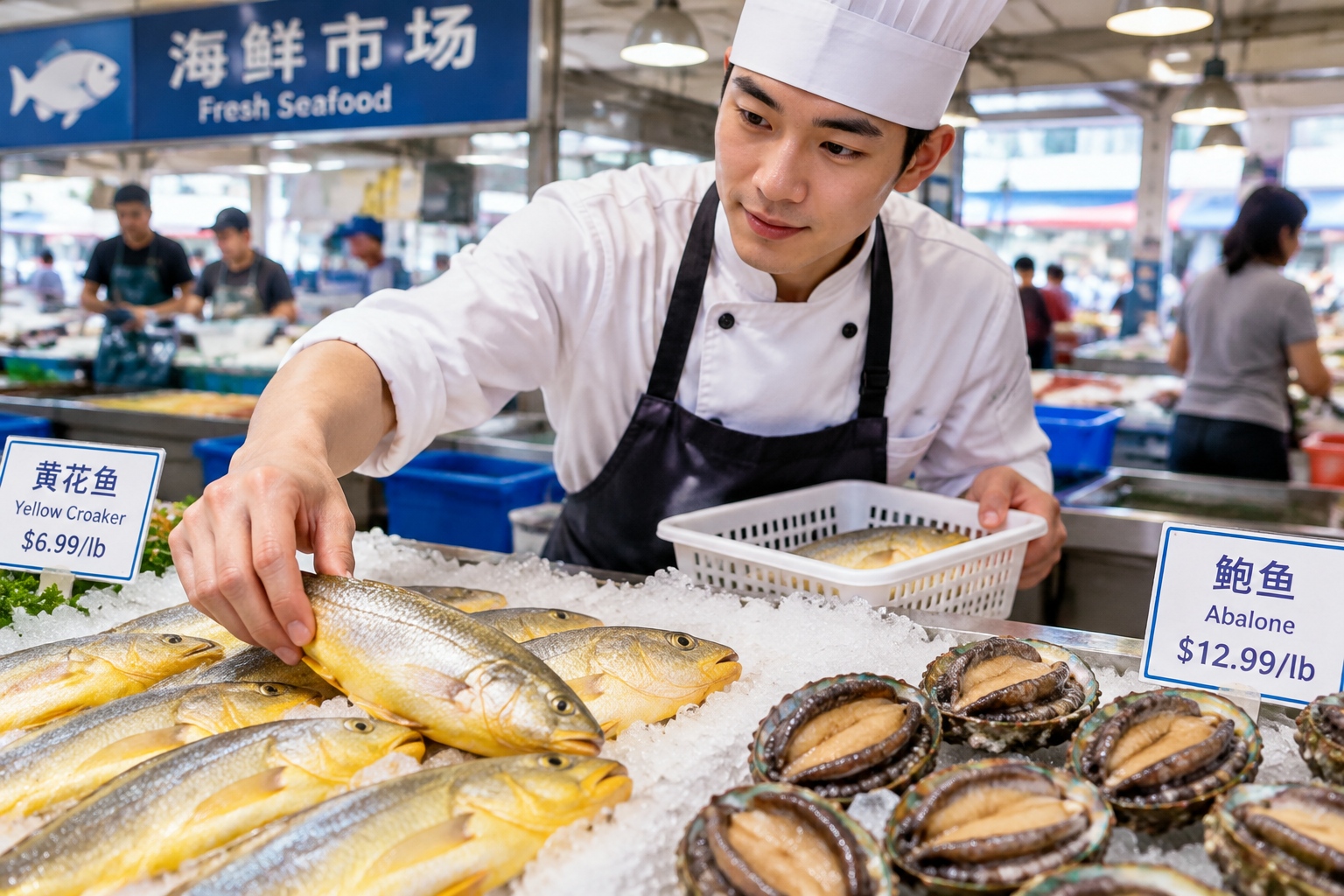 A young chef selecting fresh yellow croaker and abalone at a bustling local seafood market in Fuzhou.