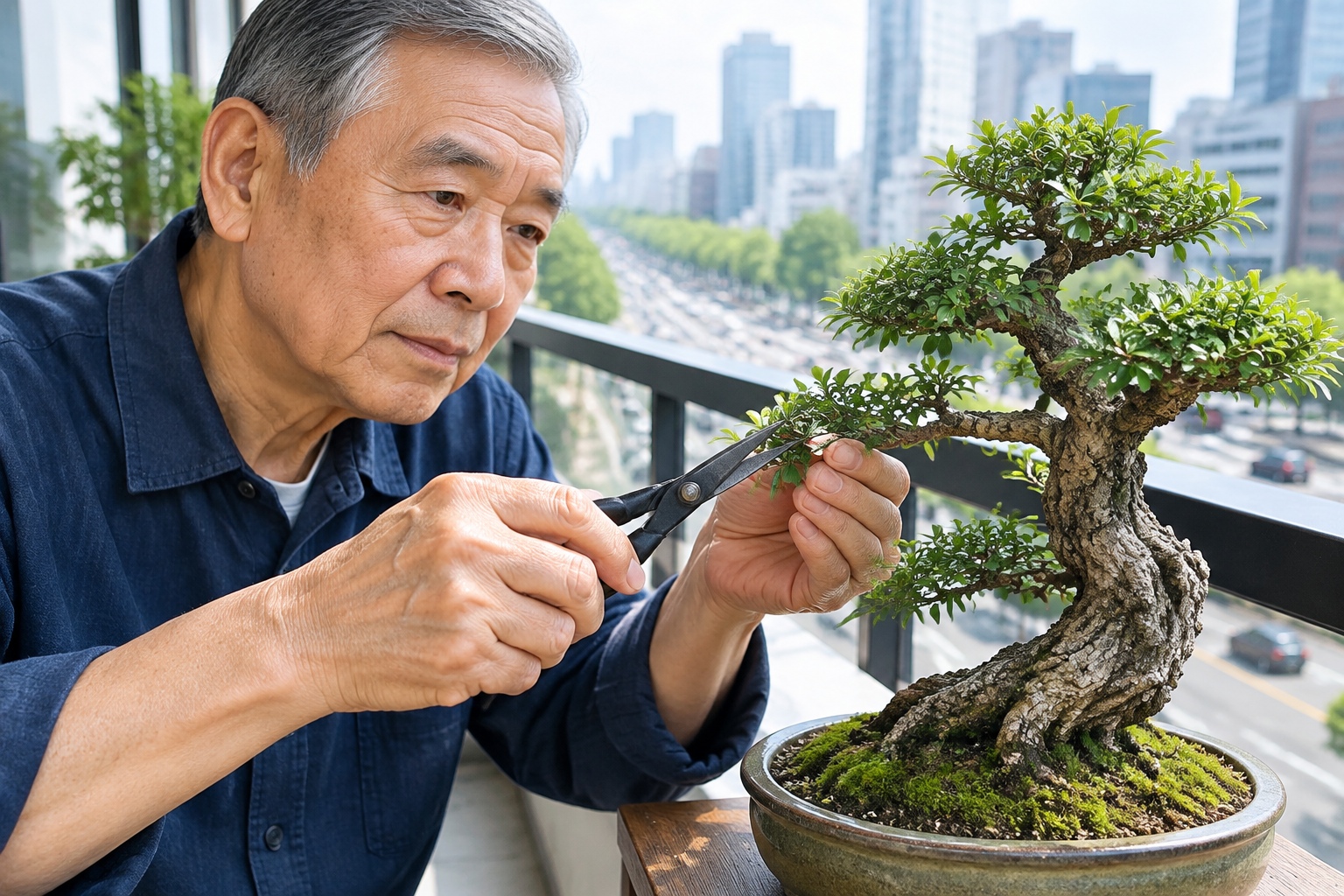 A close-up view of an elderly man's hands trimming a bonsai tree on a residential balcony, highlighting the traditional art of penjing in an urban setting.