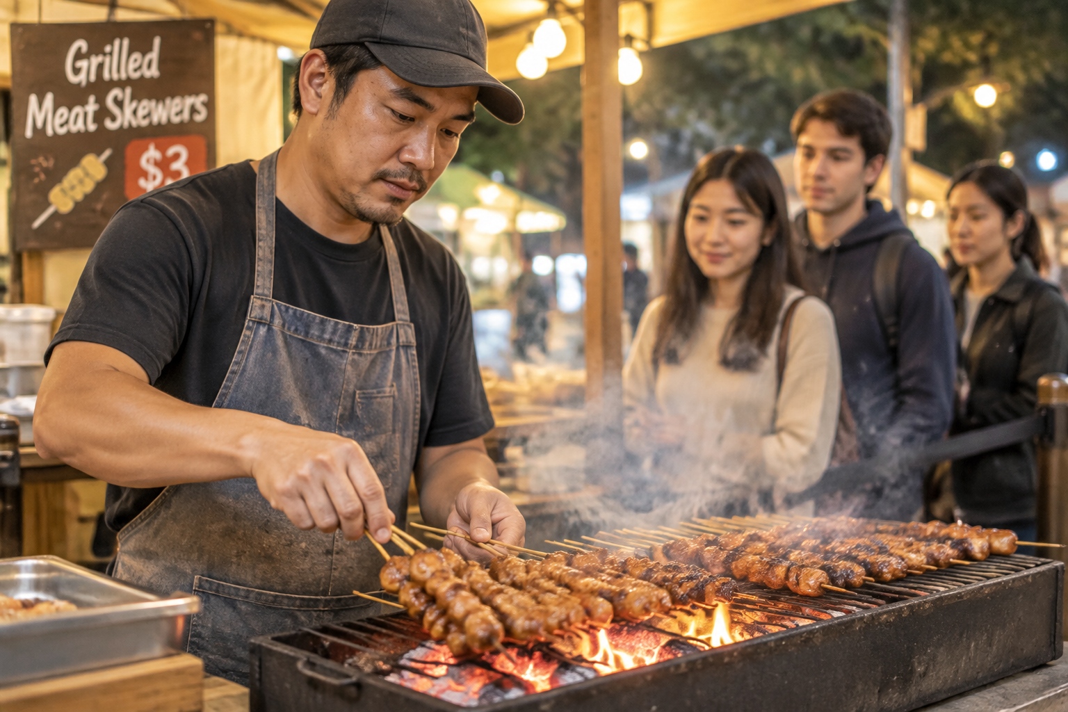 Street food chef grilling skewers over an open flame at a night market stall with steam rising