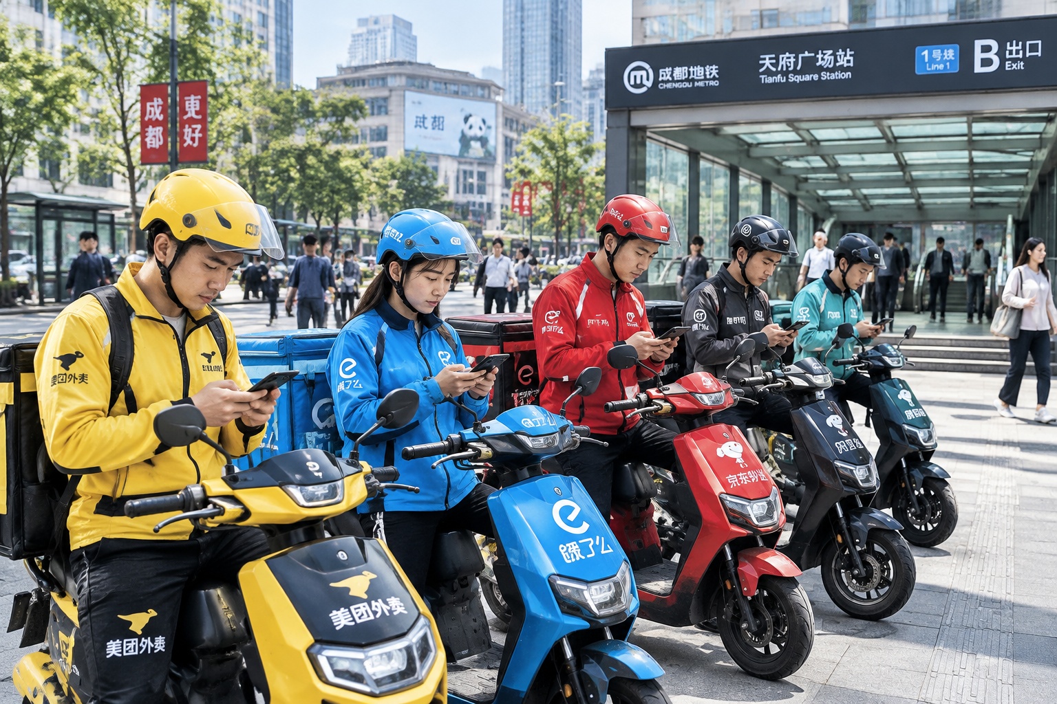 Faster Than Coffee: Inside China's 'Lightning' Daily Routine with Food Delivery 23 Delivery scooter riders queueing outside a metro station in Chengdu