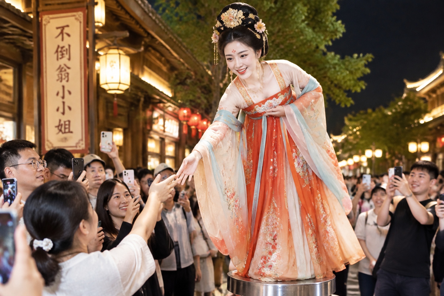 Performers and spectators at the famous 'Unfair Lady' street show in Xi'an's Grand Tang Dynasty Mall.