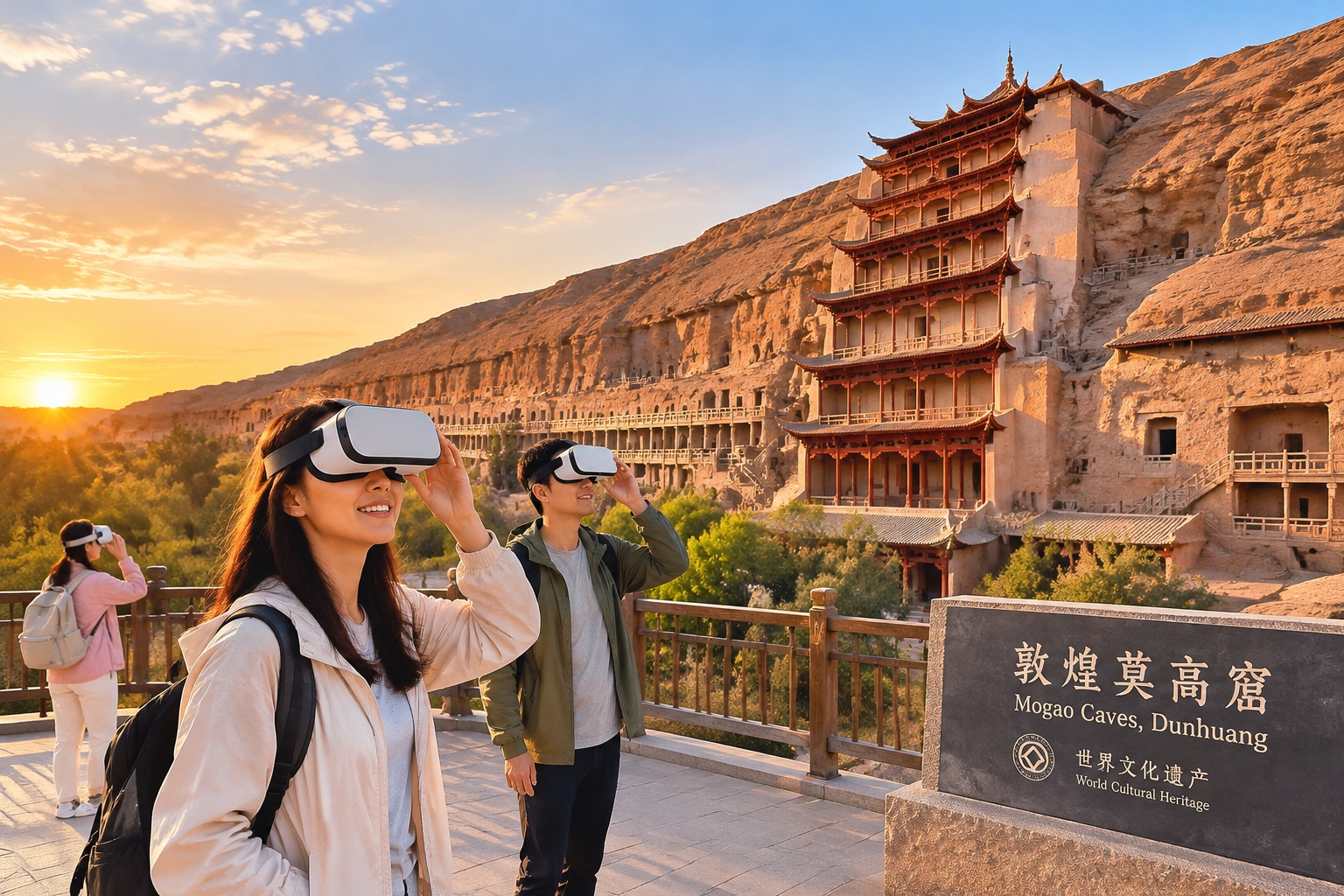 Tourists exploring the historic Mogao Caves in Dunhuang using virtual reality technology under the warm glow of sunset