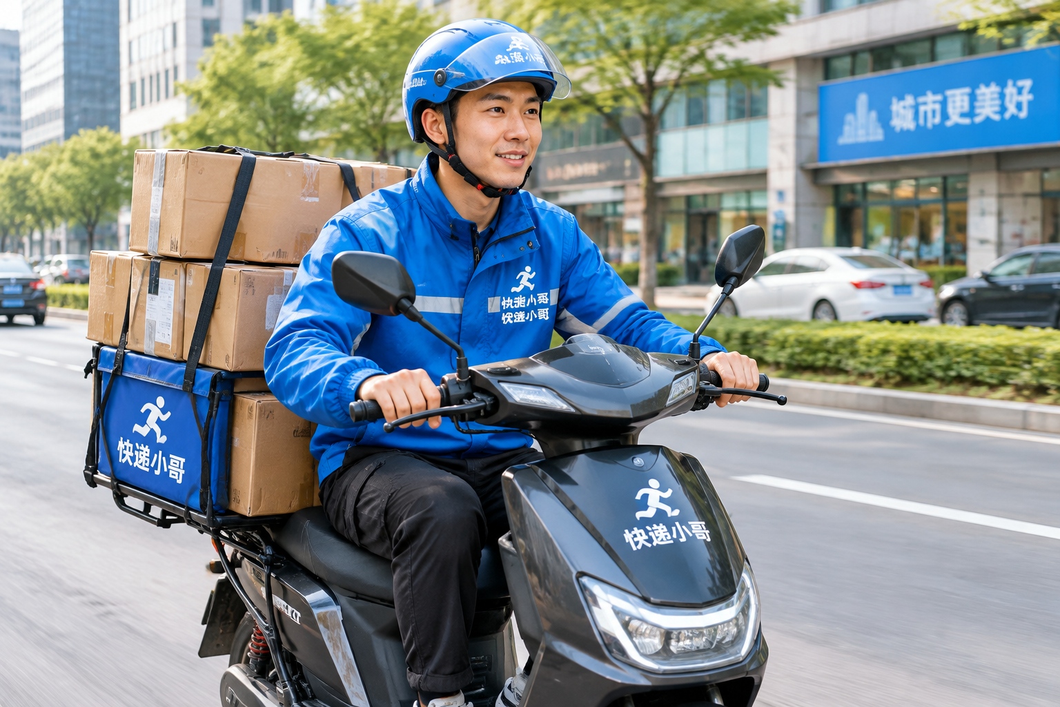 A Chinese delivery worker on an electric scooter transporting packages through city traffic, highlighting the human element of logistics.