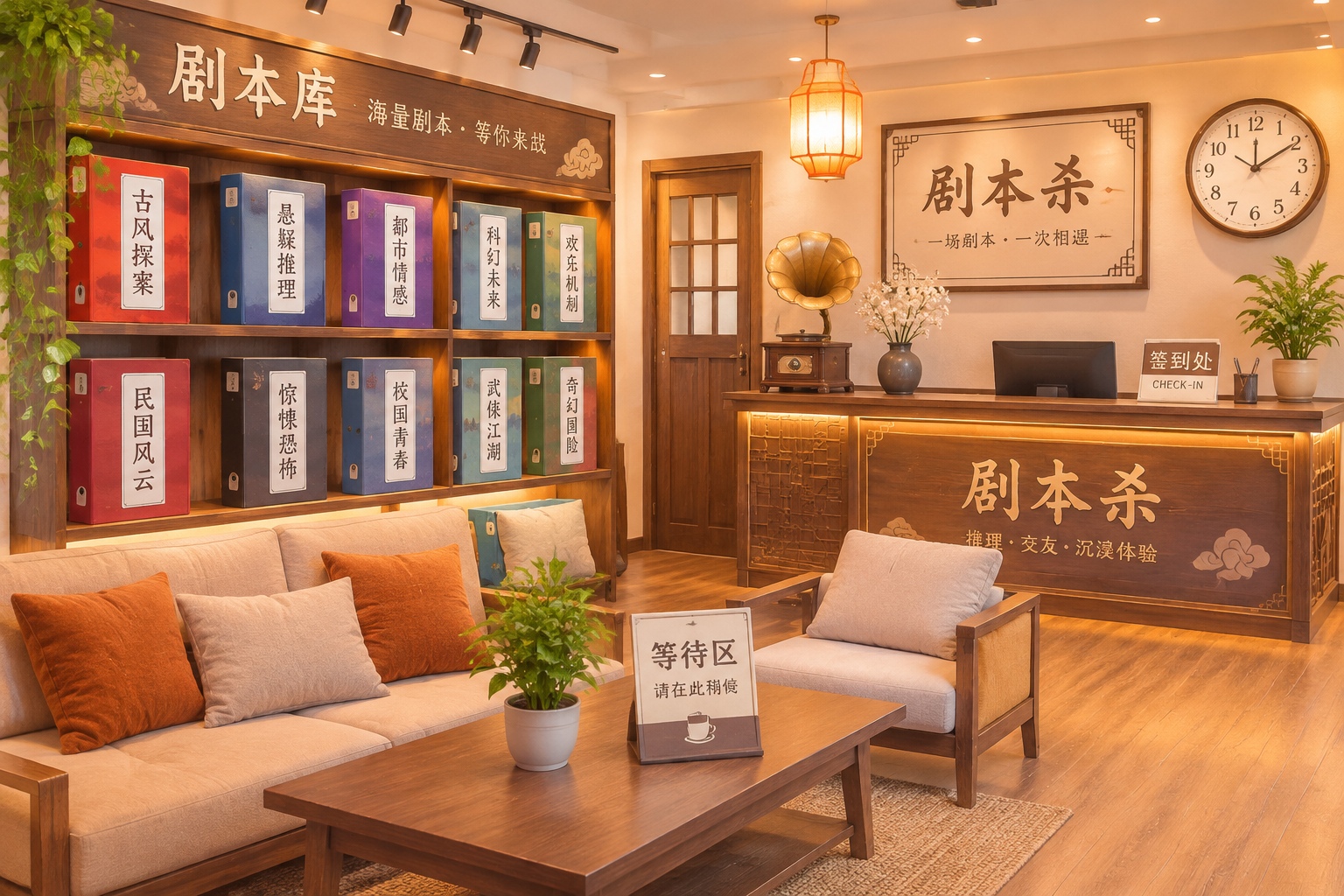 Interior of a Chinese script-killing store showing shelves of scripts and themed decor
