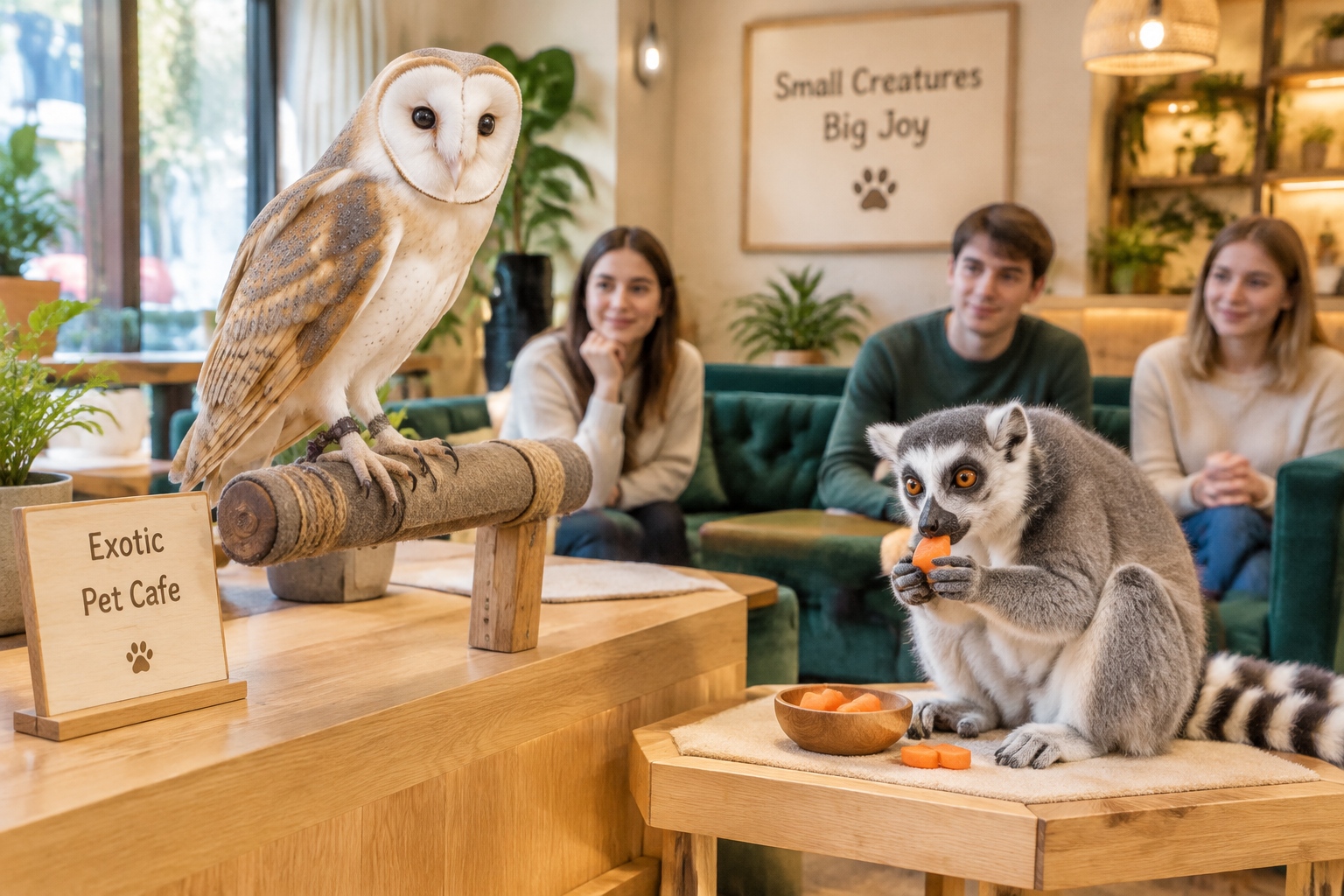 Barn owl and ring-tailed lemur inside a modern exotic pet cafe in Shanghai, with visitors observing from comfortable seating